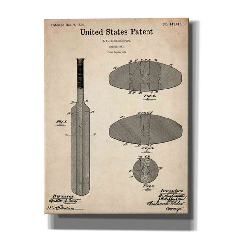 Image of 'Cricket Bat Blueprint Patent Parchment,' Canvas Wall Art,12x16x1.1x0,18x26x1.1x0,26x34x1.74x0,40x54x1.74x0