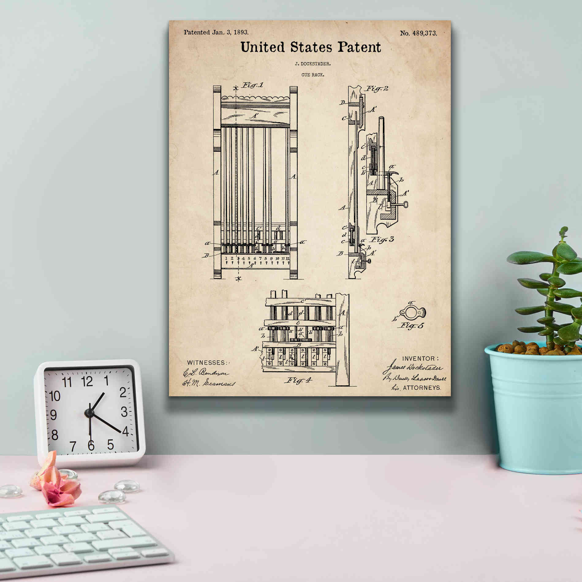 'Cue Rack Blueprint Patent Parchment,' Canvas Wall Art,12 x 16