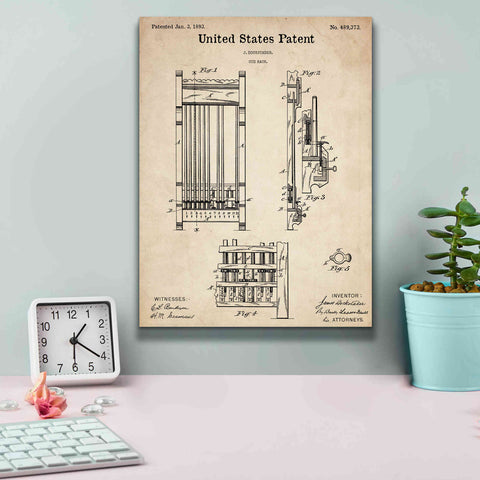 Image of 'Cue Rack Blueprint Patent Parchment,' Canvas Wall Art,12 x 16