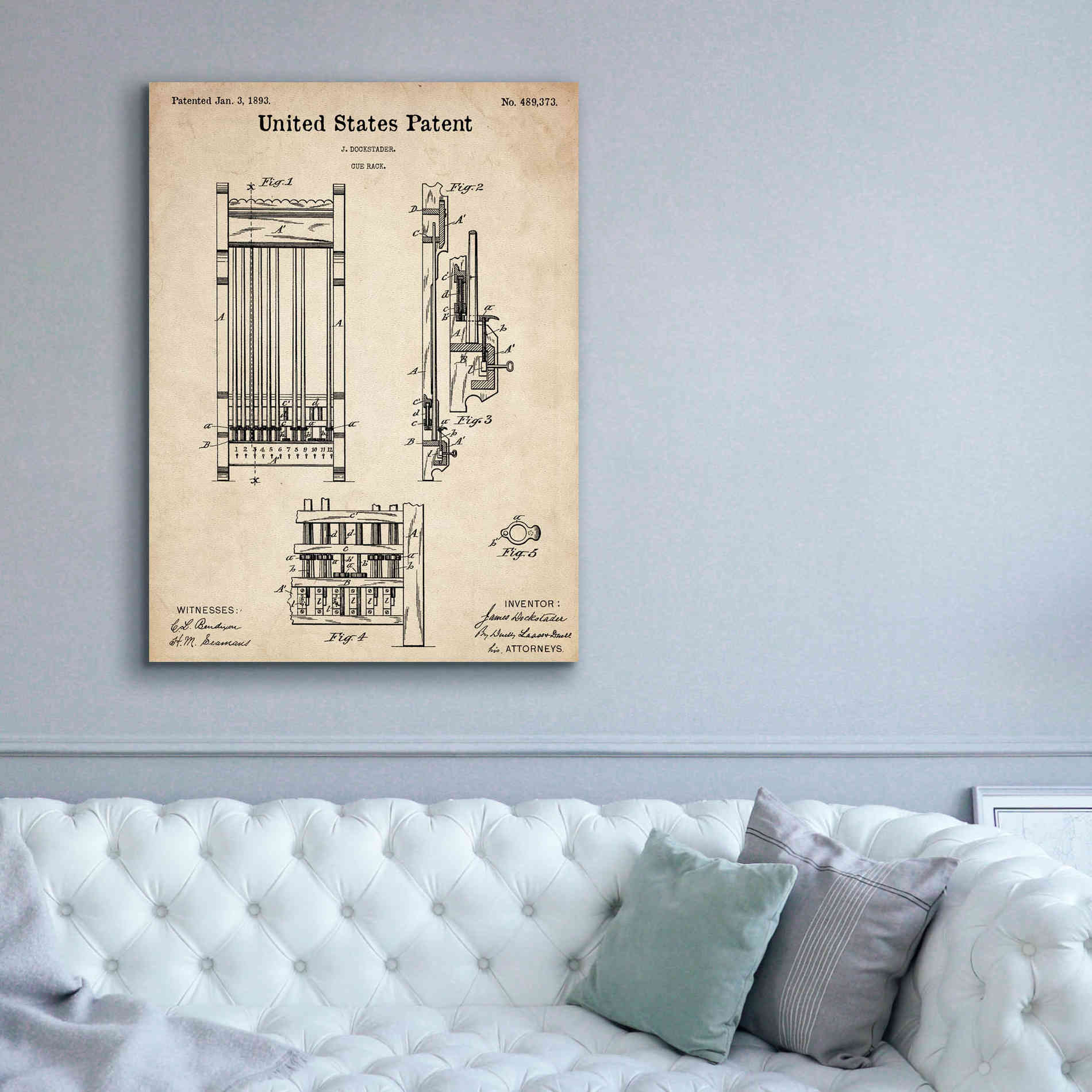 'Cue Rack Blueprint Patent Parchment,' Canvas Wall Art,40 x 54
