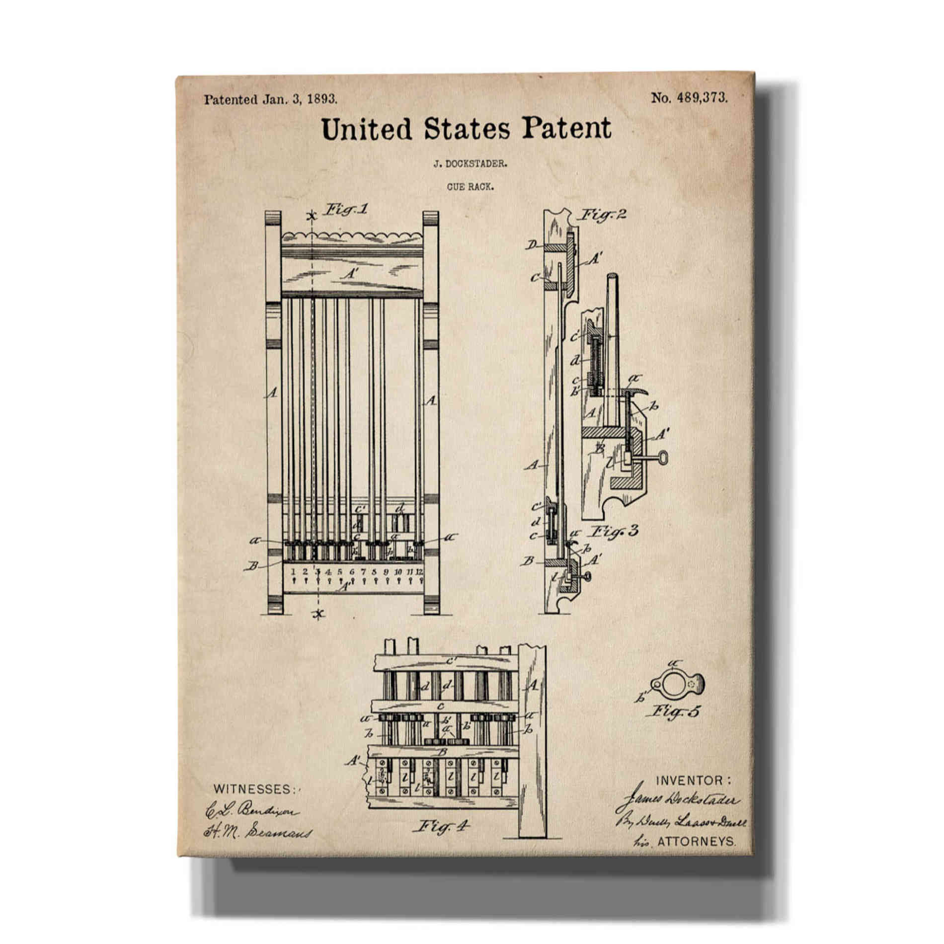 'Cue Rack Blueprint Patent Parchment,' Canvas Wall Art,12x16x1.1x0,18x26x1.1x0,26x34x1.74x0,40x54x1.74x0