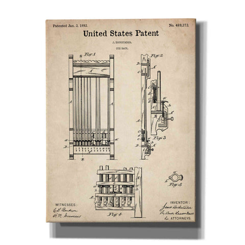 Image of 'Cue Rack Blueprint Patent Parchment,' Canvas Wall Art,12x16x1.1x0,18x26x1.1x0,26x34x1.74x0,40x54x1.74x0