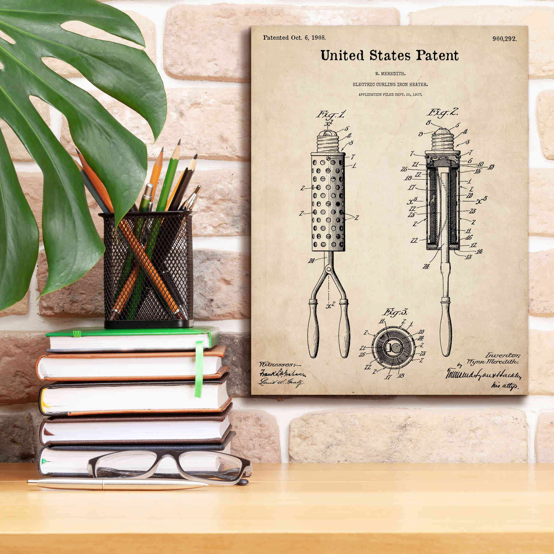 'Curling Iron Blueprint Patent Parchment,' Canvas Wall Art,12 x 16