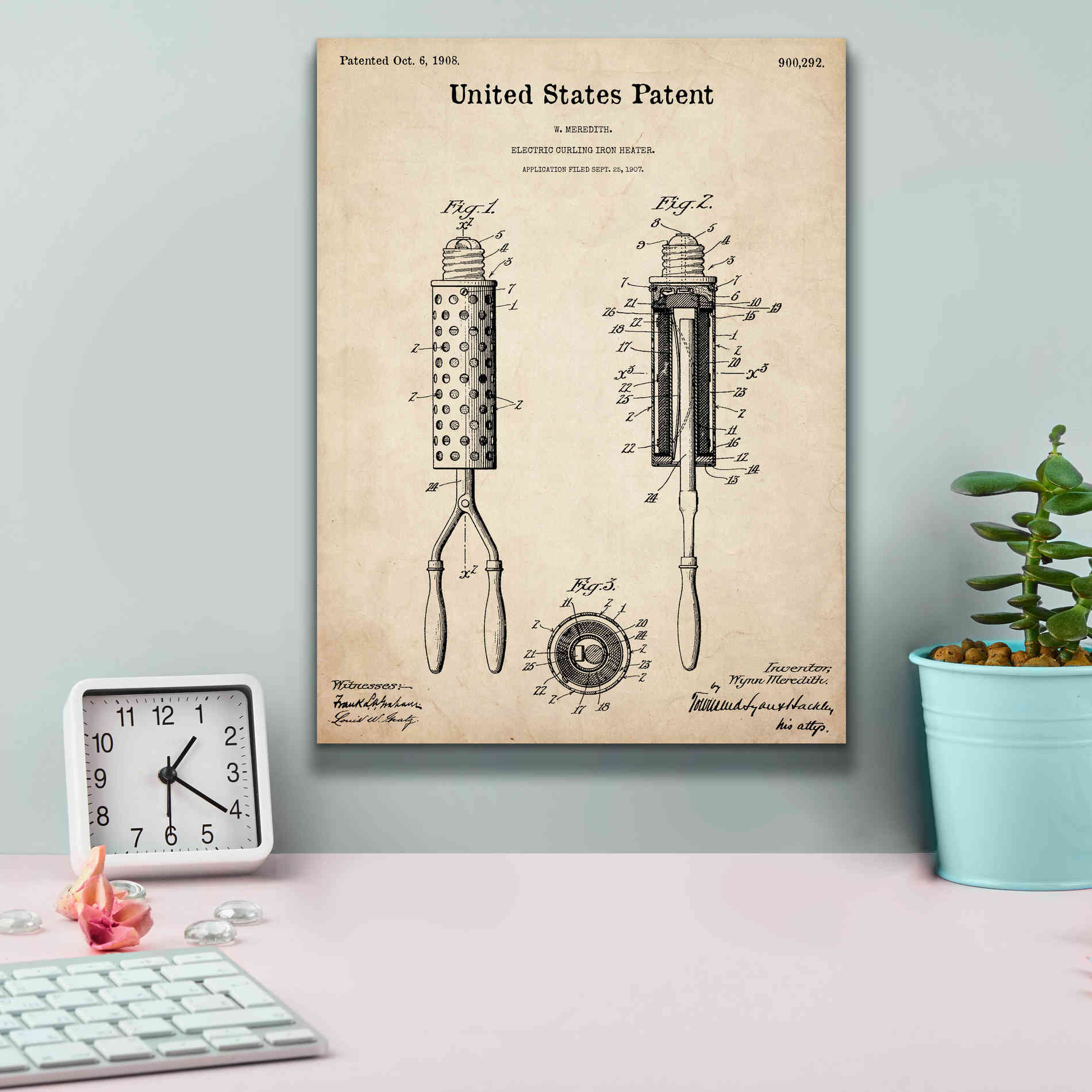 'Curling Iron Blueprint Patent Parchment,' Canvas Wall Art,12 x 16