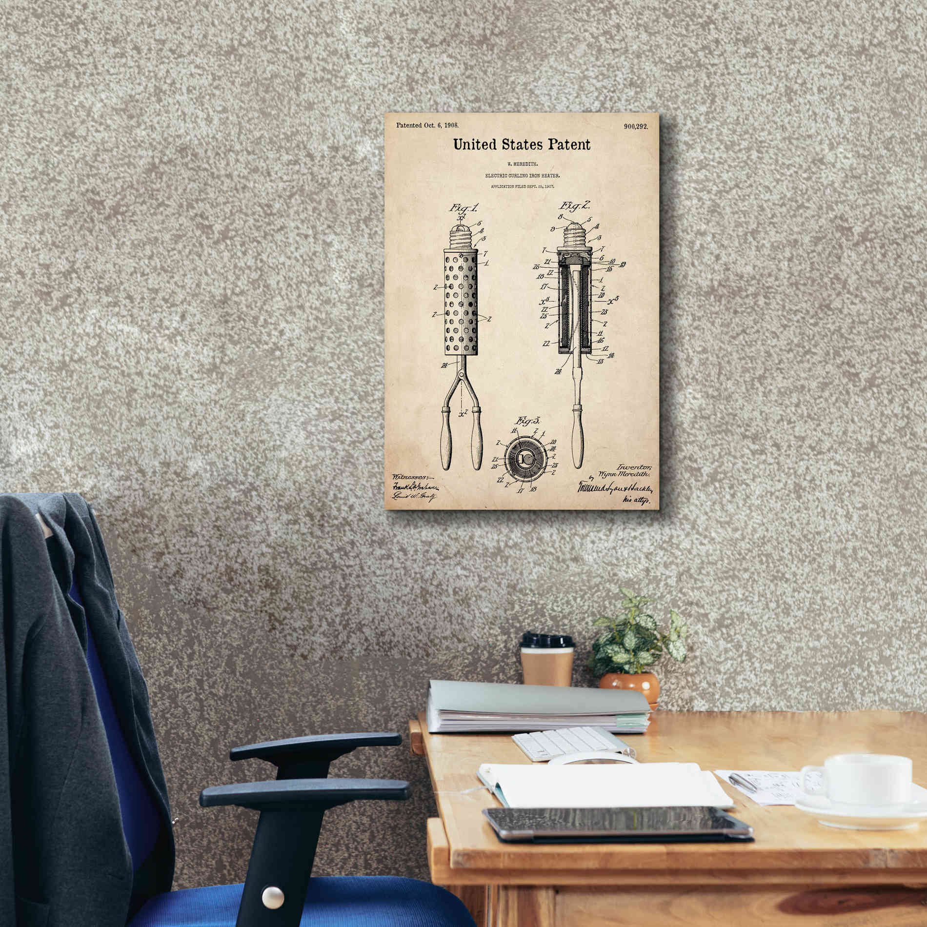 'Curling Iron Blueprint Patent Parchment,' Canvas Wall Art,18 x 26