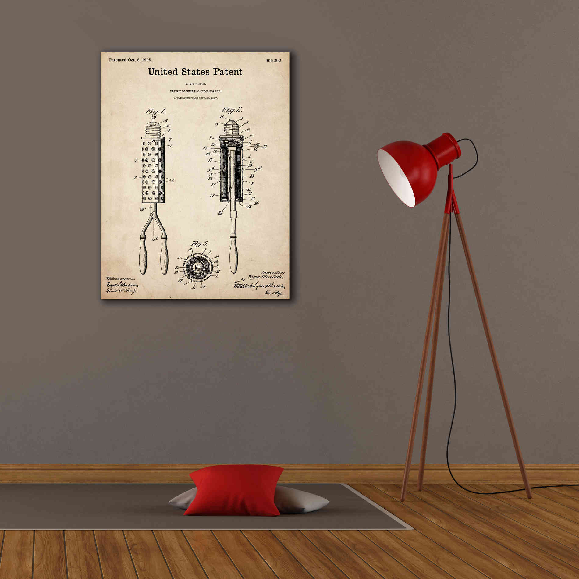 'Curling Iron Blueprint Patent Parchment,' Canvas Wall Art,26 x 34