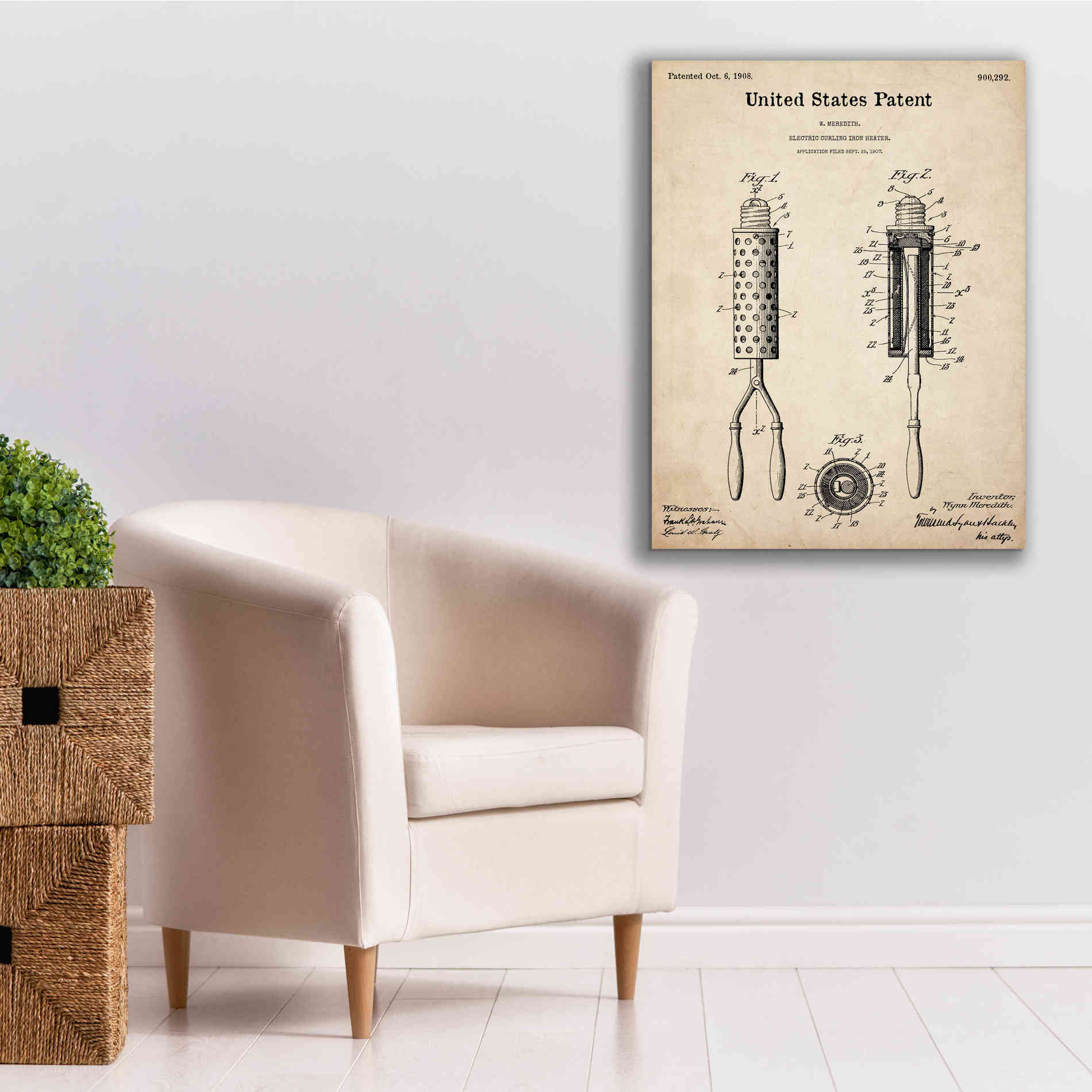 'Curling Iron Blueprint Patent Parchment,' Canvas Wall Art,26 x 34