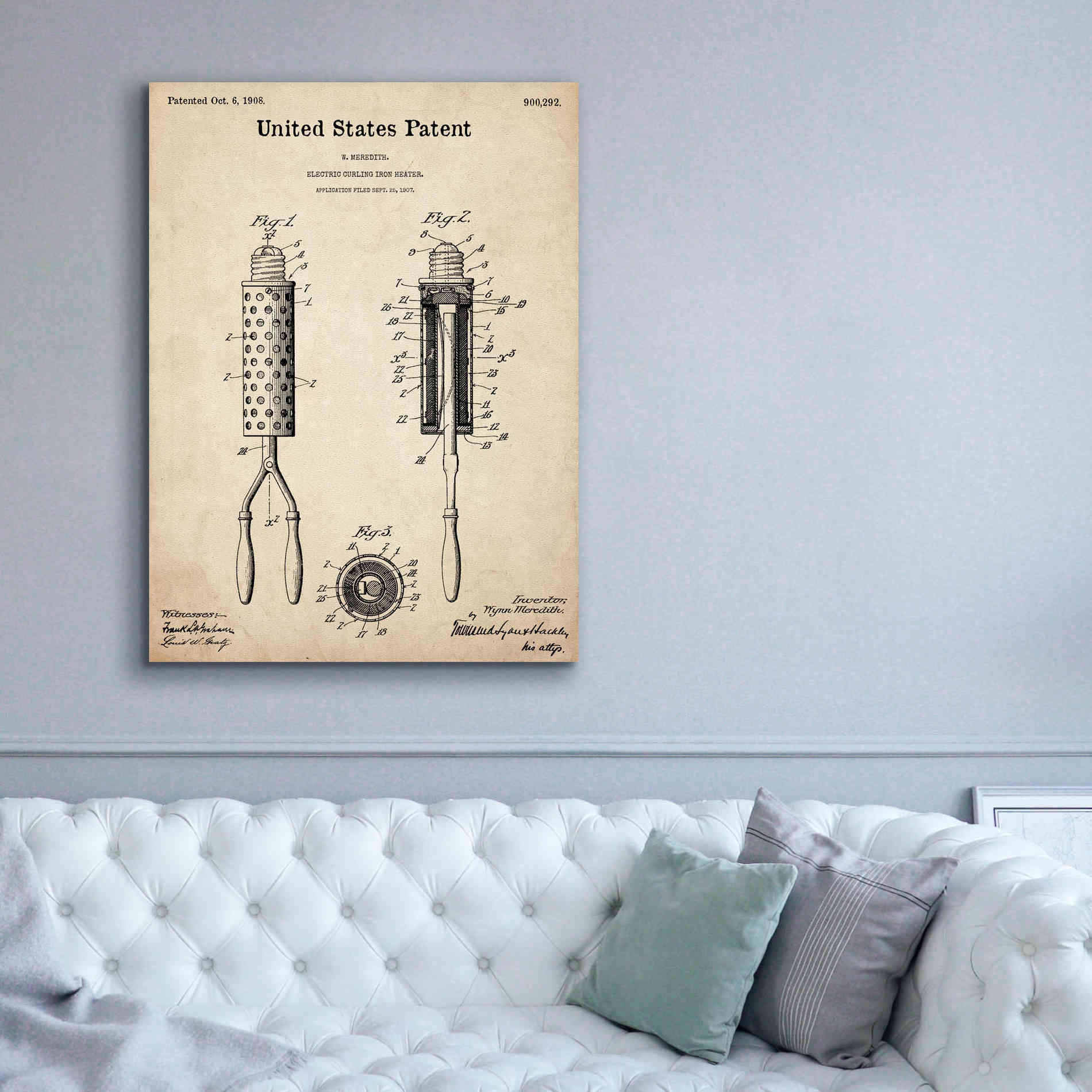 'Curling Iron Blueprint Patent Parchment,' Canvas Wall Art,40 x 54