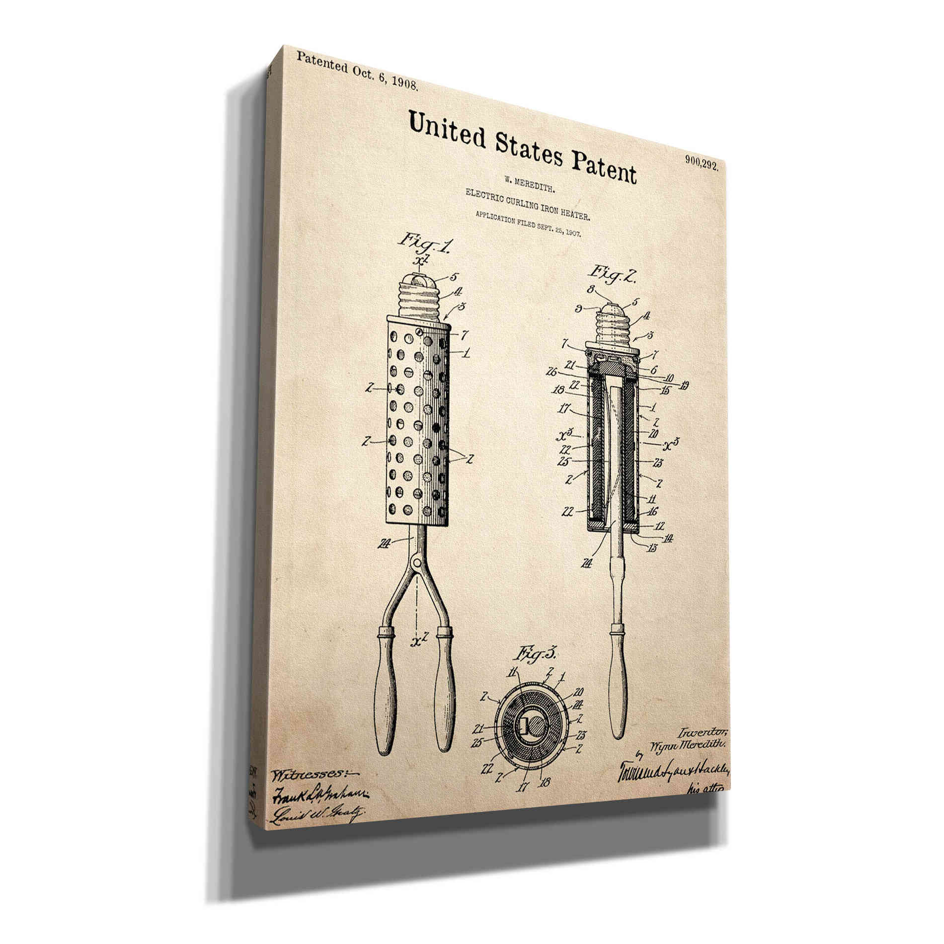 'Curling Iron Blueprint Patent Parchment,' Canvas Wall Art,12x16x1.1x0,18x26x1.1x0,26x34x1.74x0,40x54x1.74x0