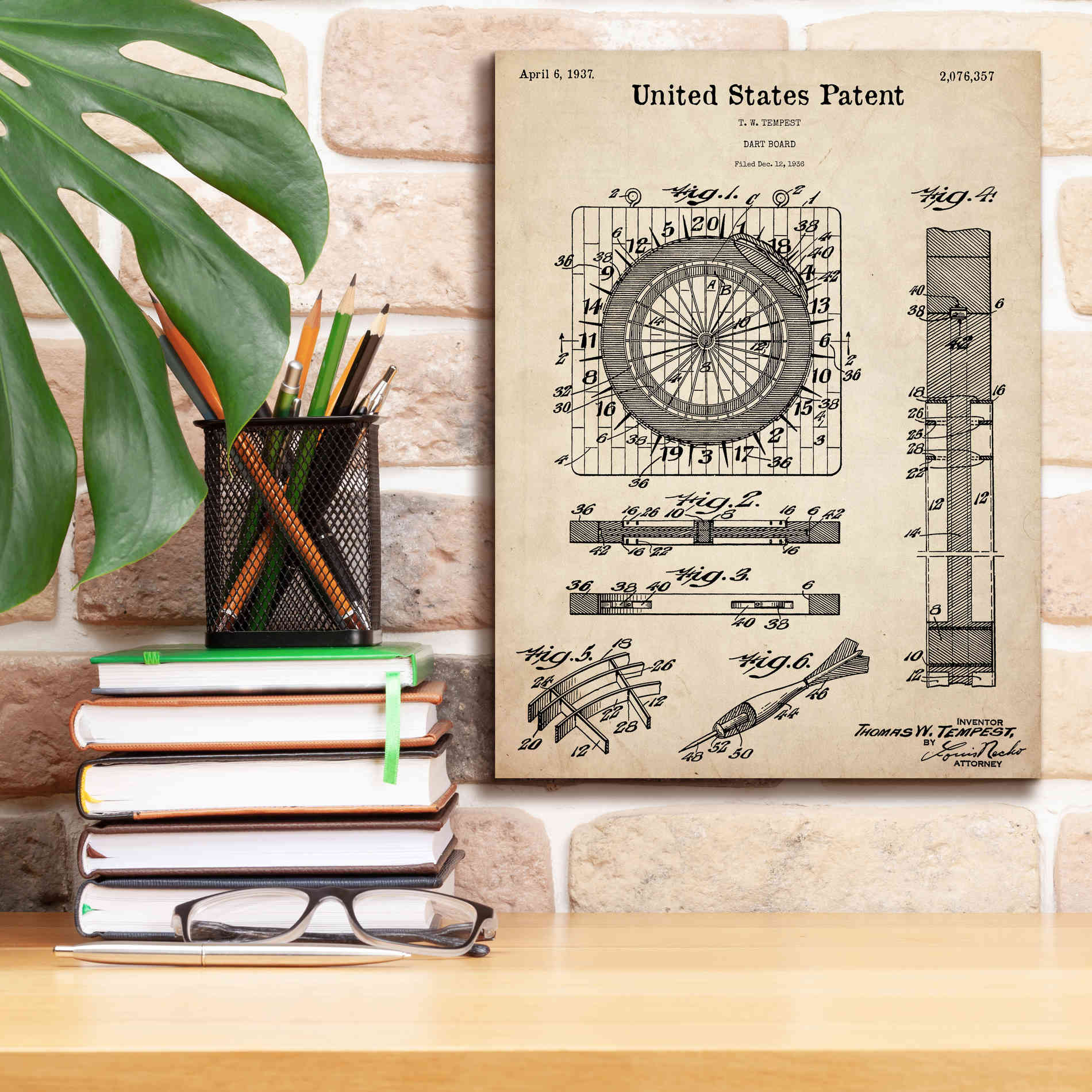 'Darts Game Blueprint Patent Parchment,' Canvas Wall Art,12 x 16