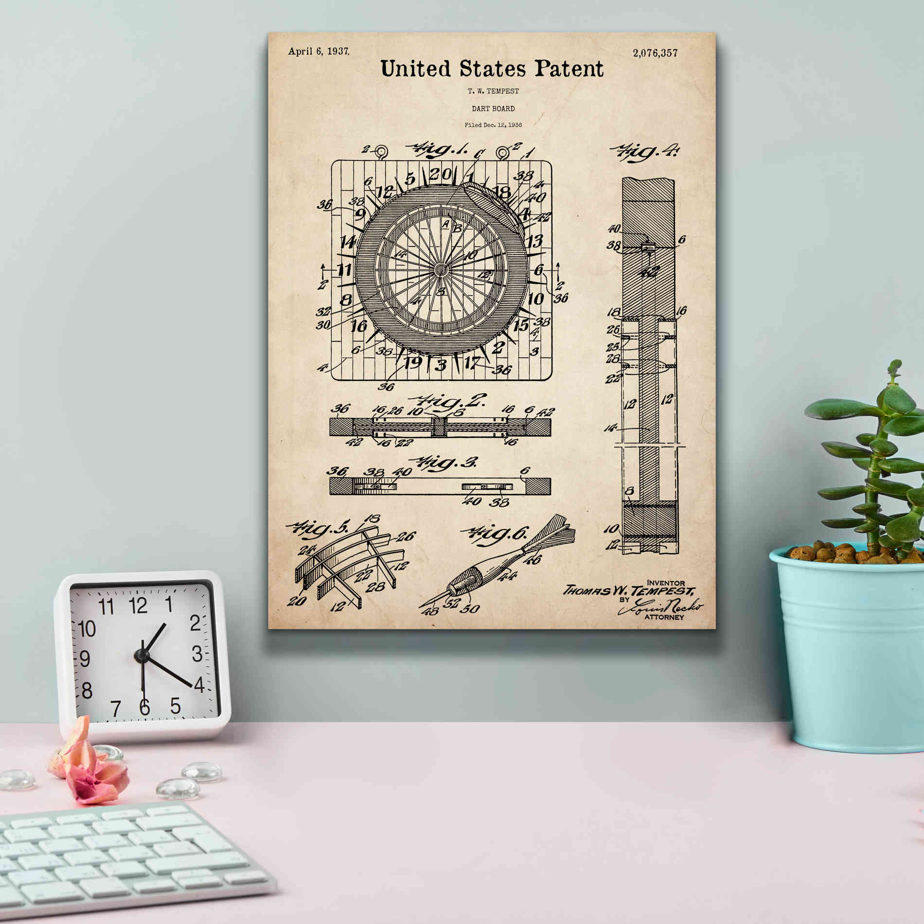 'Darts Game Blueprint Patent Parchment,' Canvas Wall Art,12 x 16