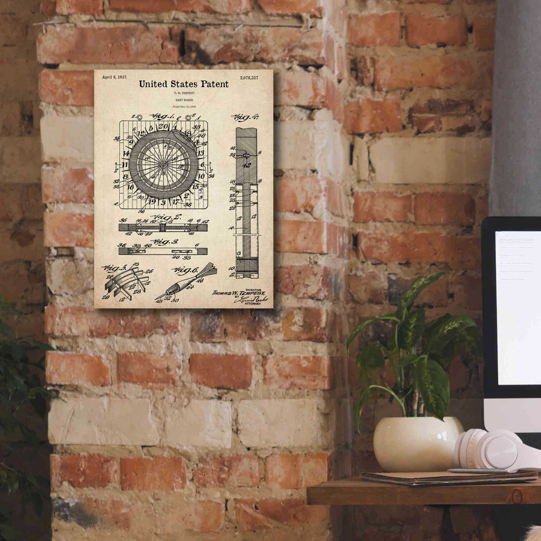 'Darts Game Blueprint Patent Parchment,' Canvas Wall Art,12 x 16