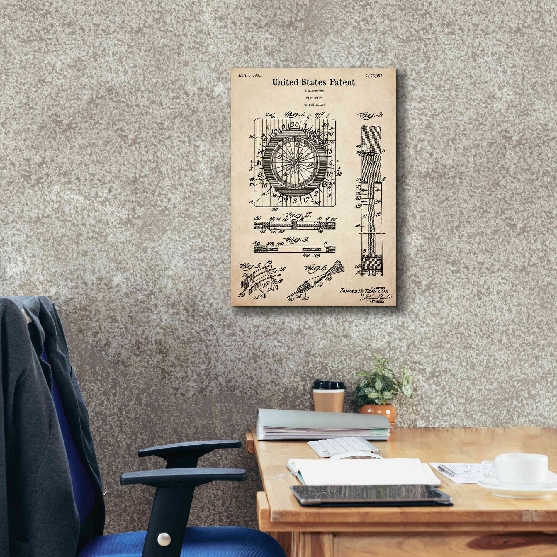 'Darts Game Blueprint Patent Parchment,' Canvas Wall Art,18 x 26