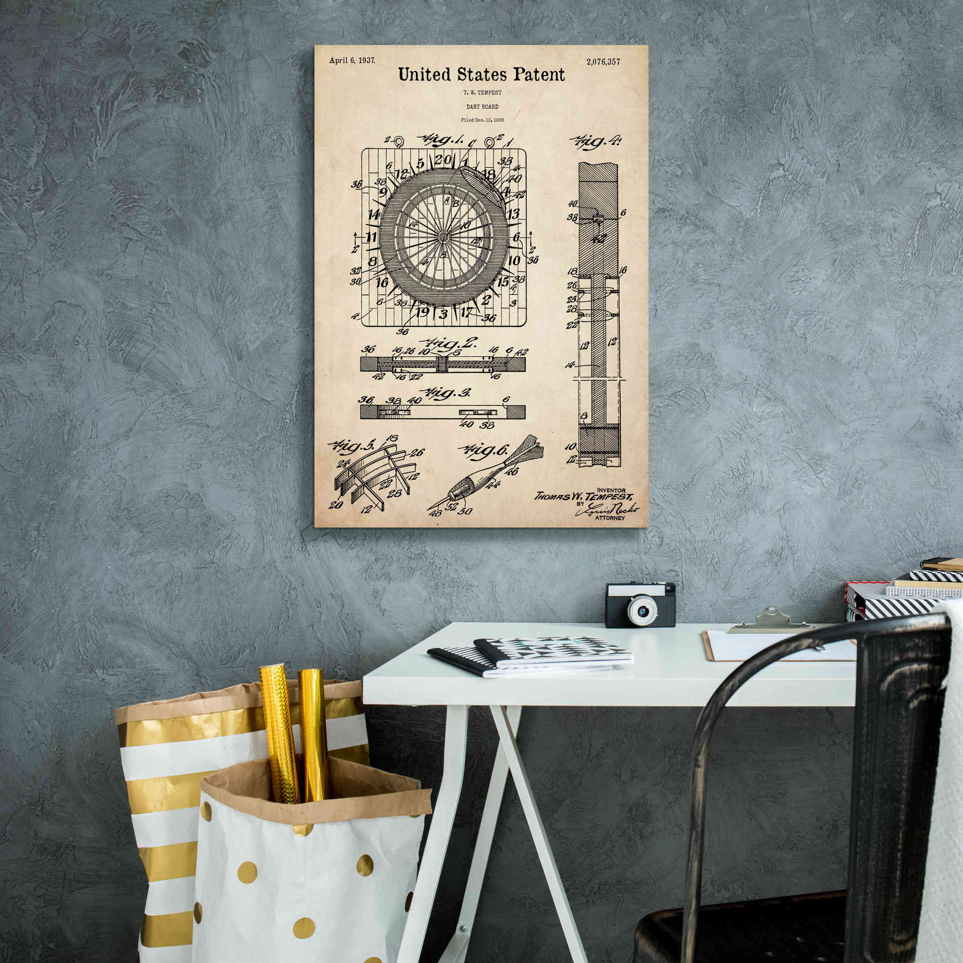 'Darts Game Blueprint Patent Parchment,' Canvas Wall Art,18 x 26
