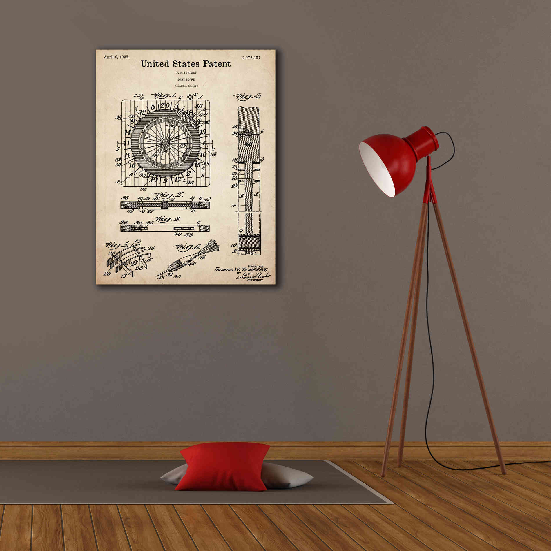 'Darts Game Blueprint Patent Parchment,' Canvas Wall Art,26 x 34