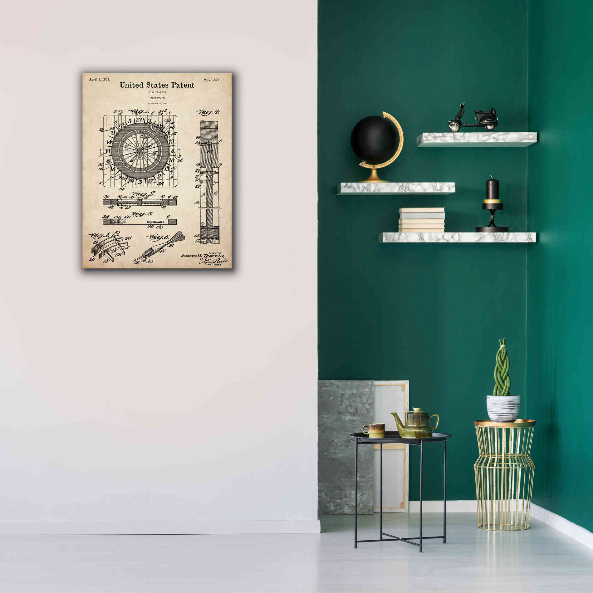 'Darts Game Blueprint Patent Parchment,' Canvas Wall Art,26 x 34