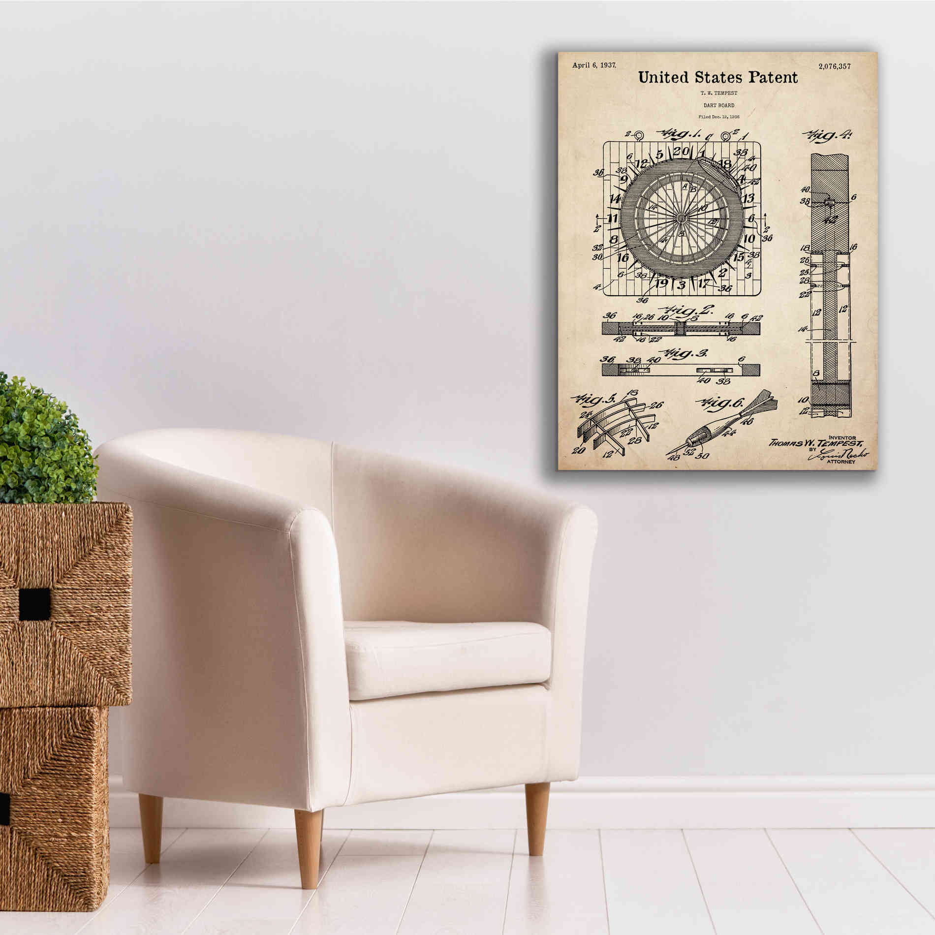 'Darts Game Blueprint Patent Parchment,' Canvas Wall Art,26 x 34