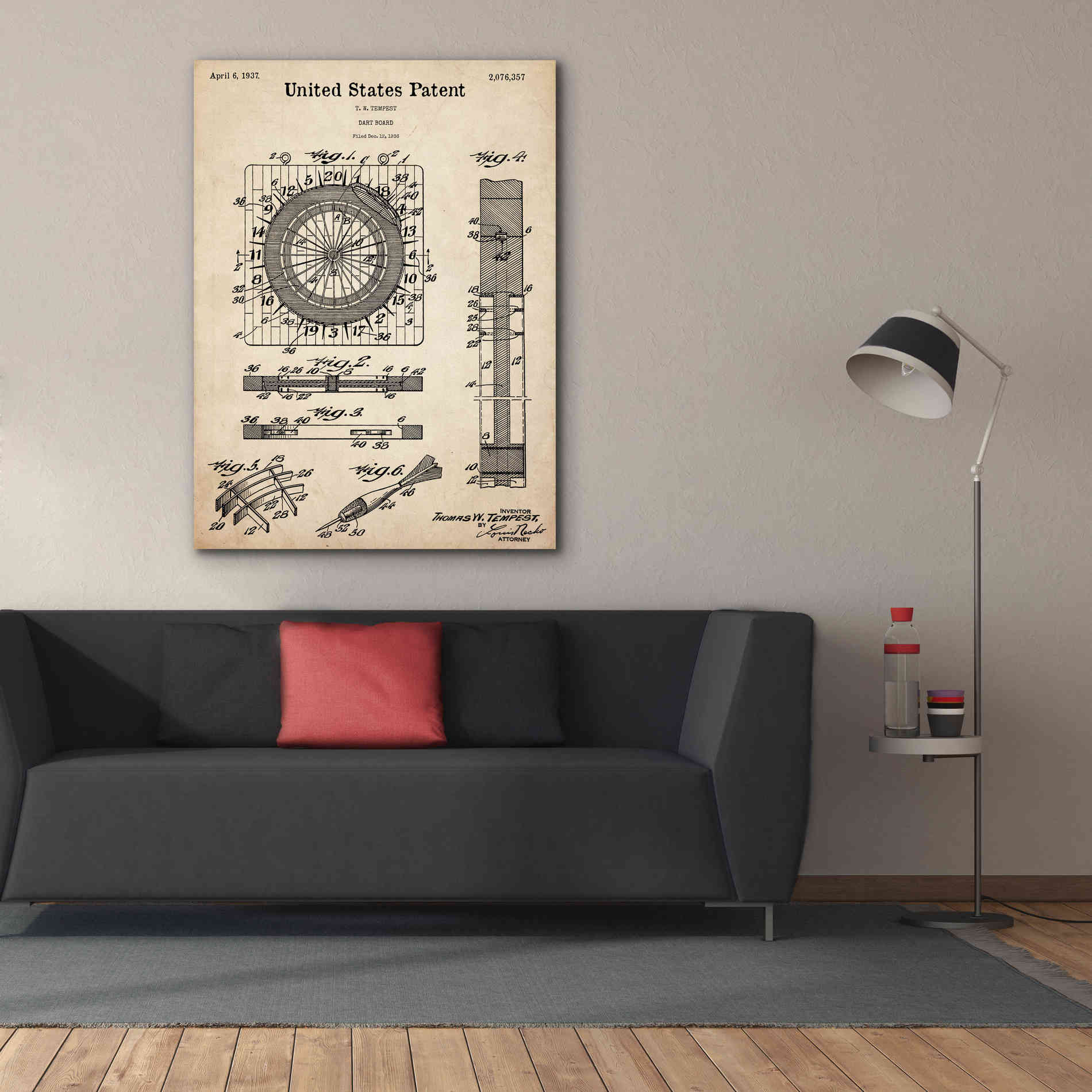 'Darts Game Blueprint Patent Parchment,' Canvas Wall Art,40 x 54
