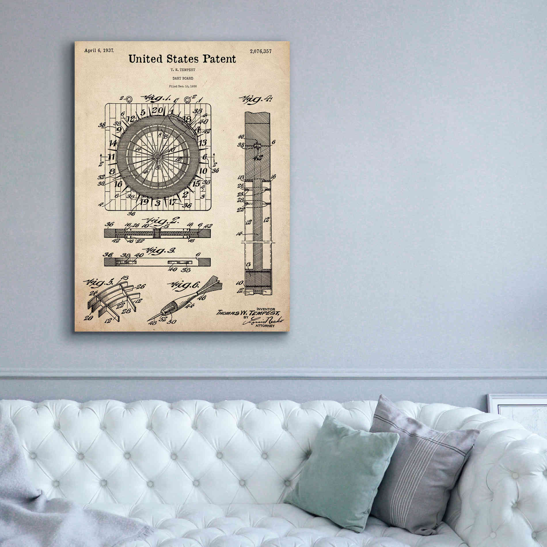 'Darts Game Blueprint Patent Parchment,' Canvas Wall Art,40 x 54