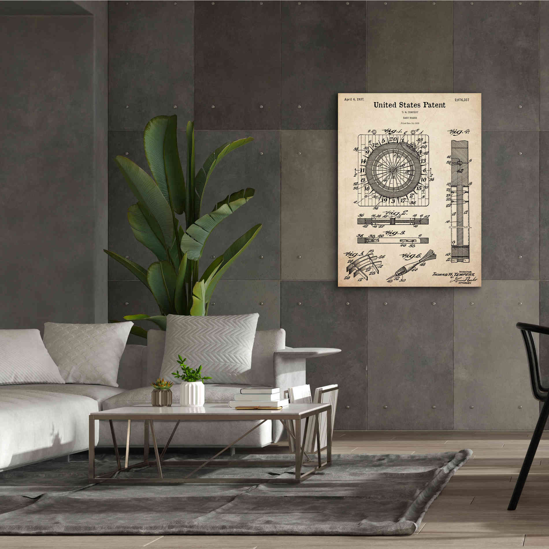 'Darts Game Blueprint Patent Parchment,' Canvas Wall Art,40 x 54