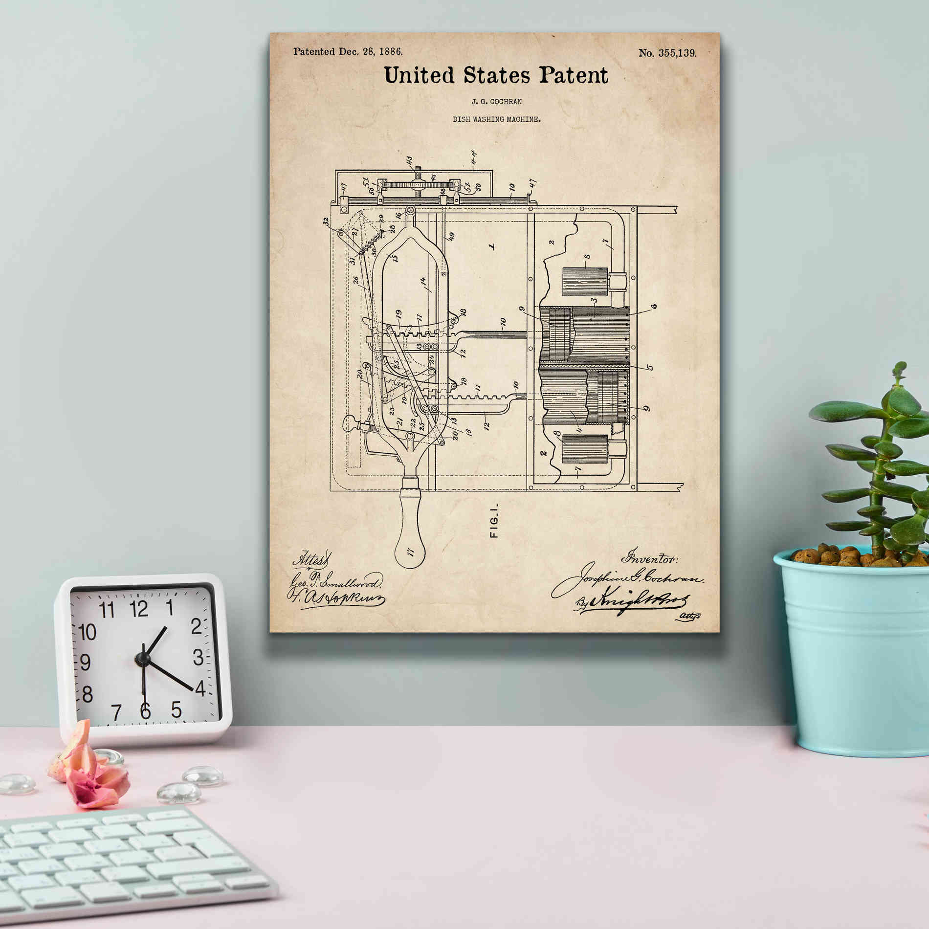 'Dish Washing Machine Blueprint Patent Parchment,' Canvas Wall Art,12 x 16