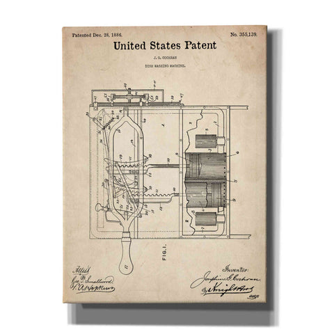 Image of 'Dish Washing Machine Blueprint Patent Parchment,' Canvas Wall Art,12x16x1.1x0,18x26x1.1x0,26x34x1.74x0,40x54x1.74x0