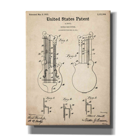 Image of 'Double Bass Guitar Blueprint Patent Parchment,' Canvas Wall Art,12x16x1.1x0,18x26x1.1x0,26x34x1.74x0,40x54x1.74x0