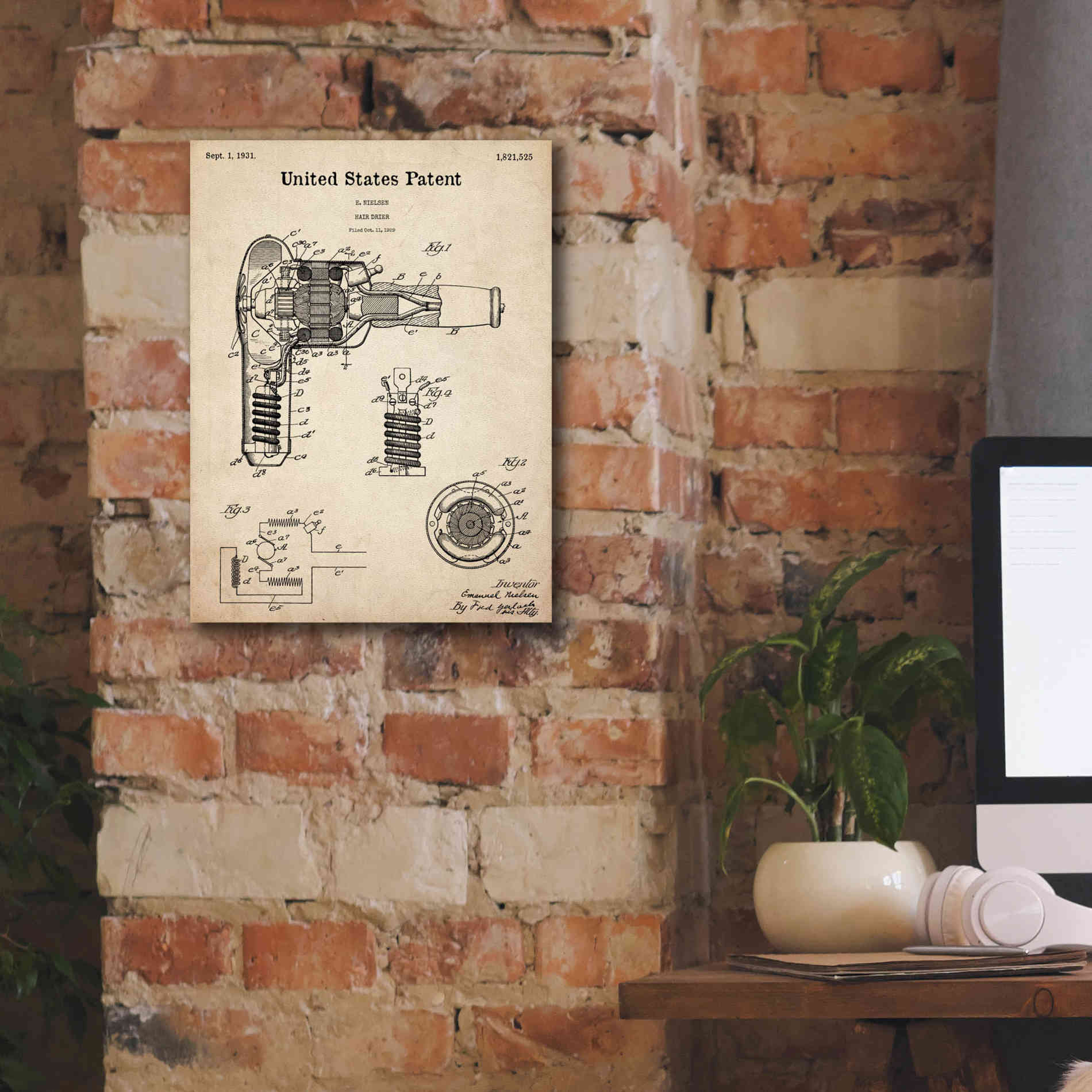 'Hair Dryer Blueprint Patent Parchment,' Canvas Wall Art,12 x 16