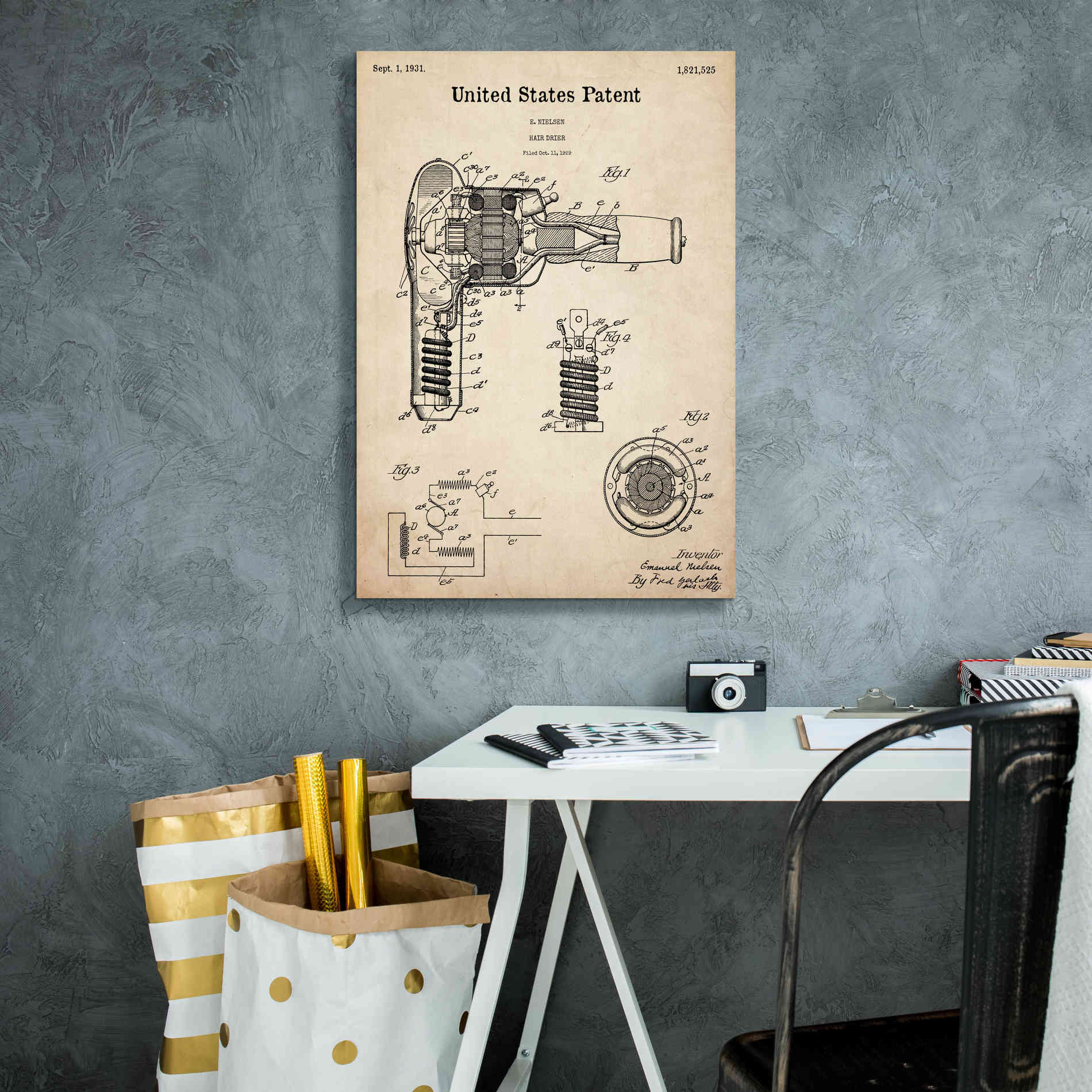 'Hair Dryer Blueprint Patent Parchment,' Canvas Wall Art,18 x 26
