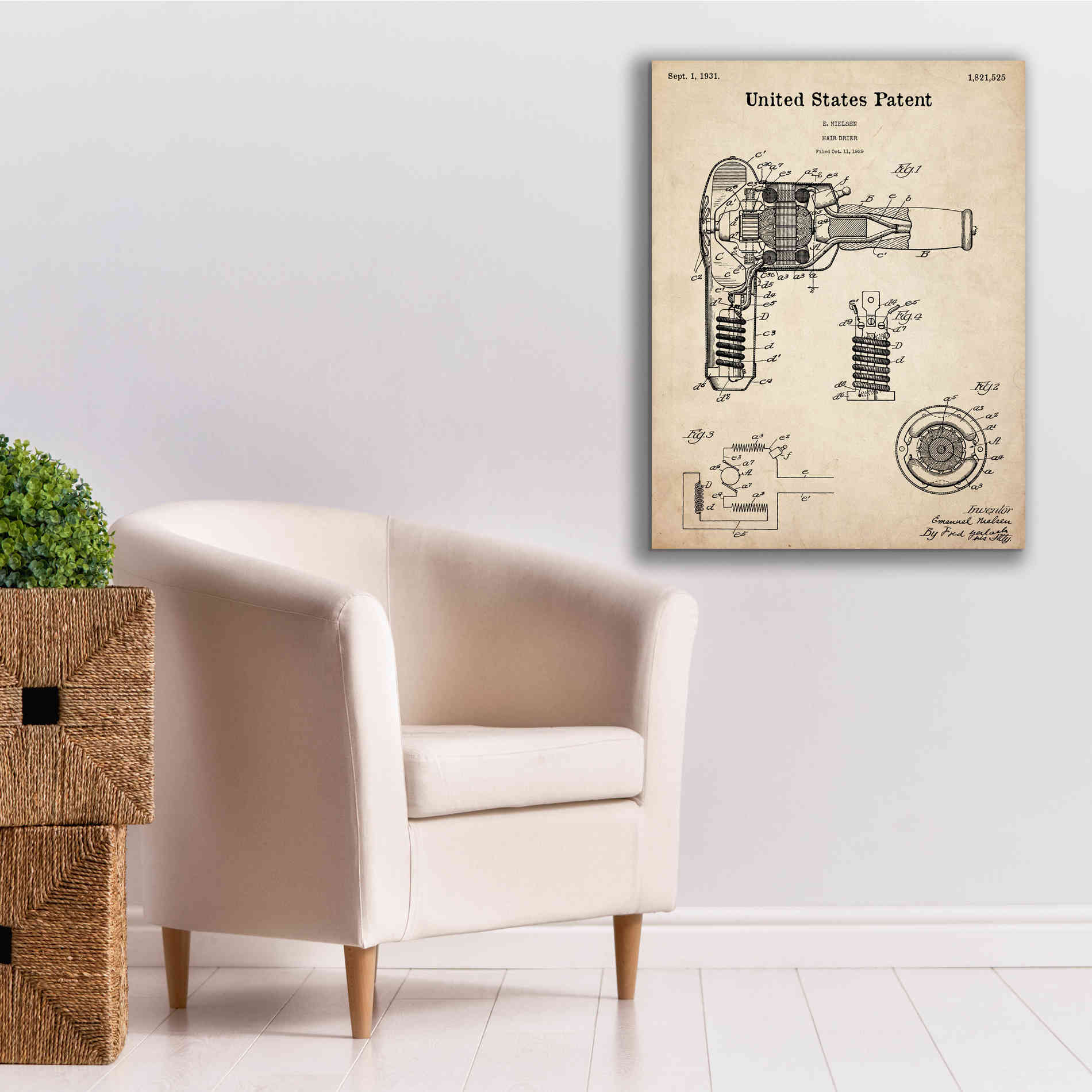 'Hair Dryer Blueprint Patent Parchment,' Canvas Wall Art,26 x 34