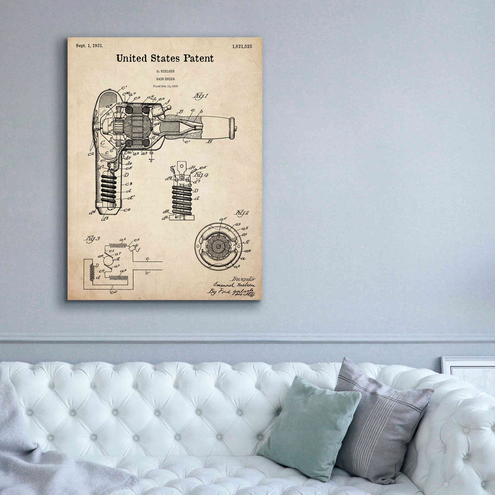 'Hair Dryer Blueprint Patent Parchment,' Canvas Wall Art,40 x 54