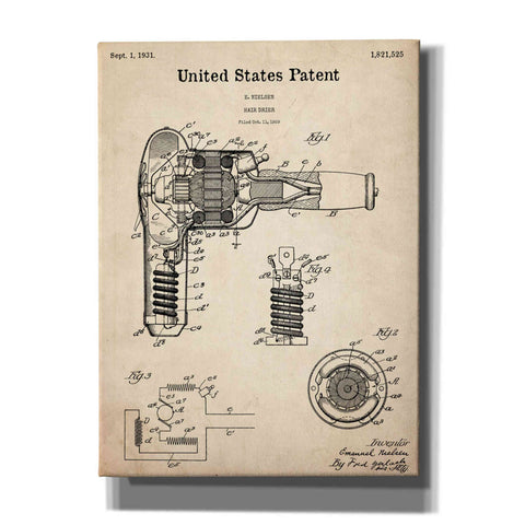 Image of 'Hair Dryer Blueprint Patent Parchment,' Canvas Wall Art,12x16x1.1x0,18x26x1.1x0,26x34x1.74x0,40x54x1.74x0