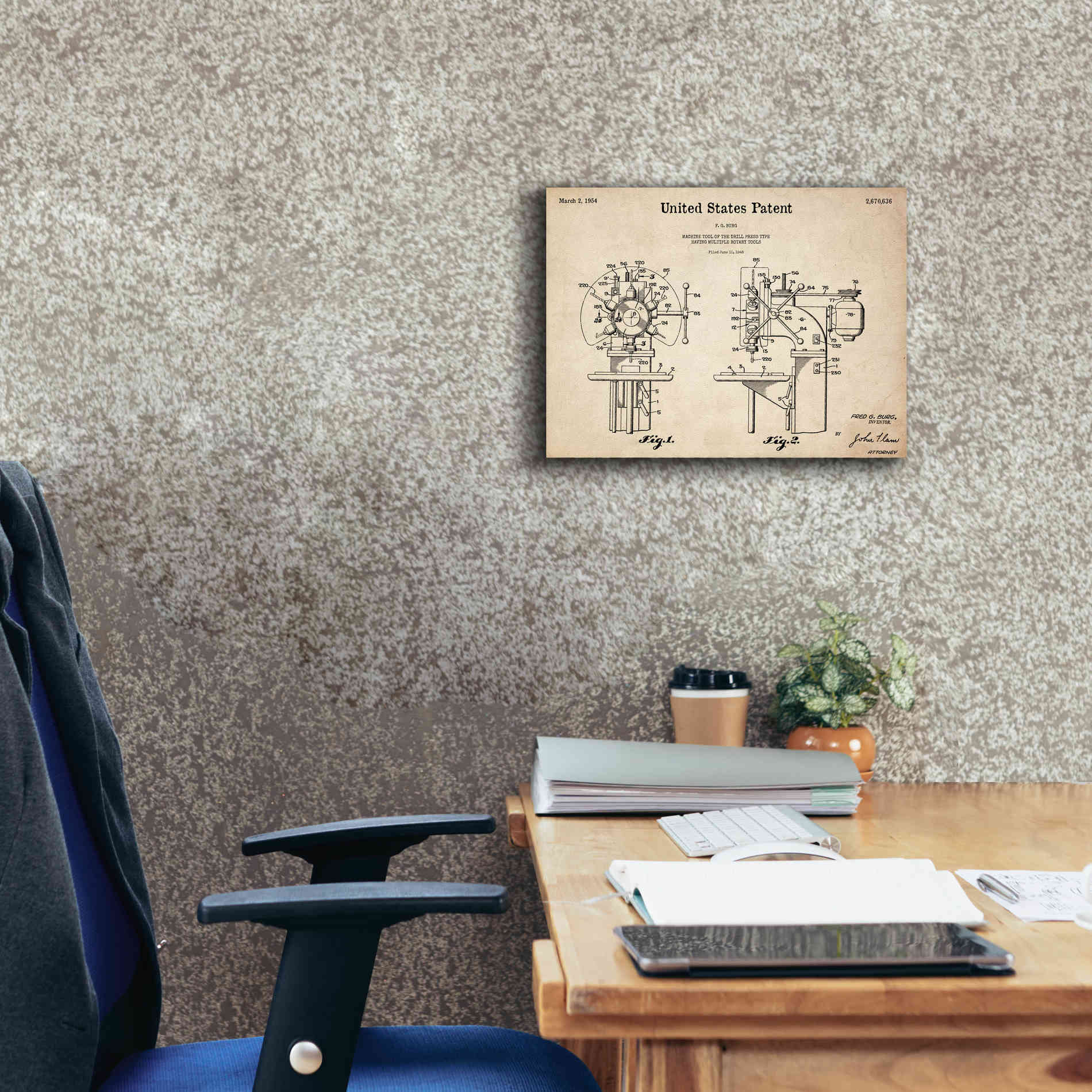 'Drill Press Blueprint Patent Parchment,' Canvas Wall Art,16 x 12