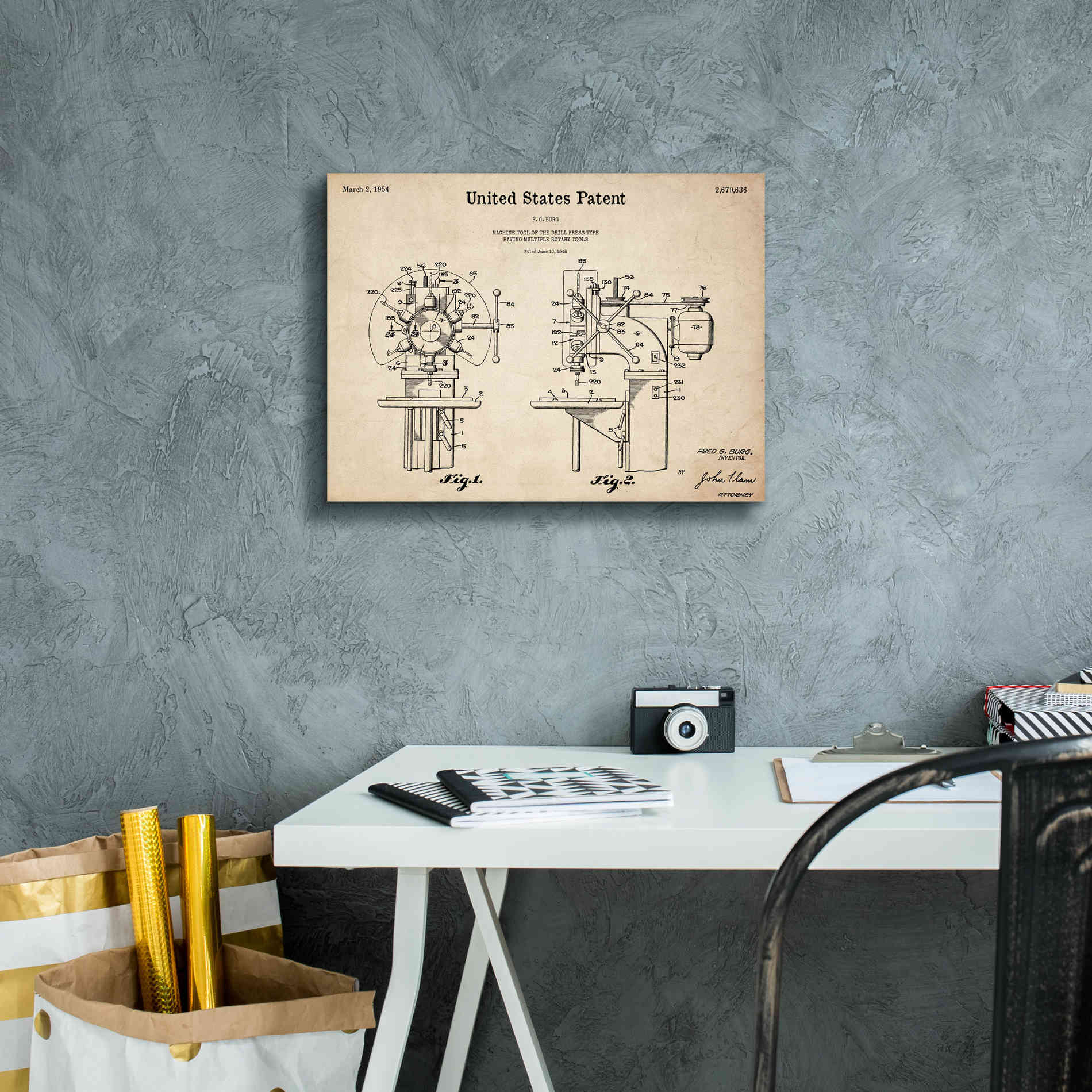 'Drill Press Blueprint Patent Parchment,' Canvas Wall Art,16 x 12