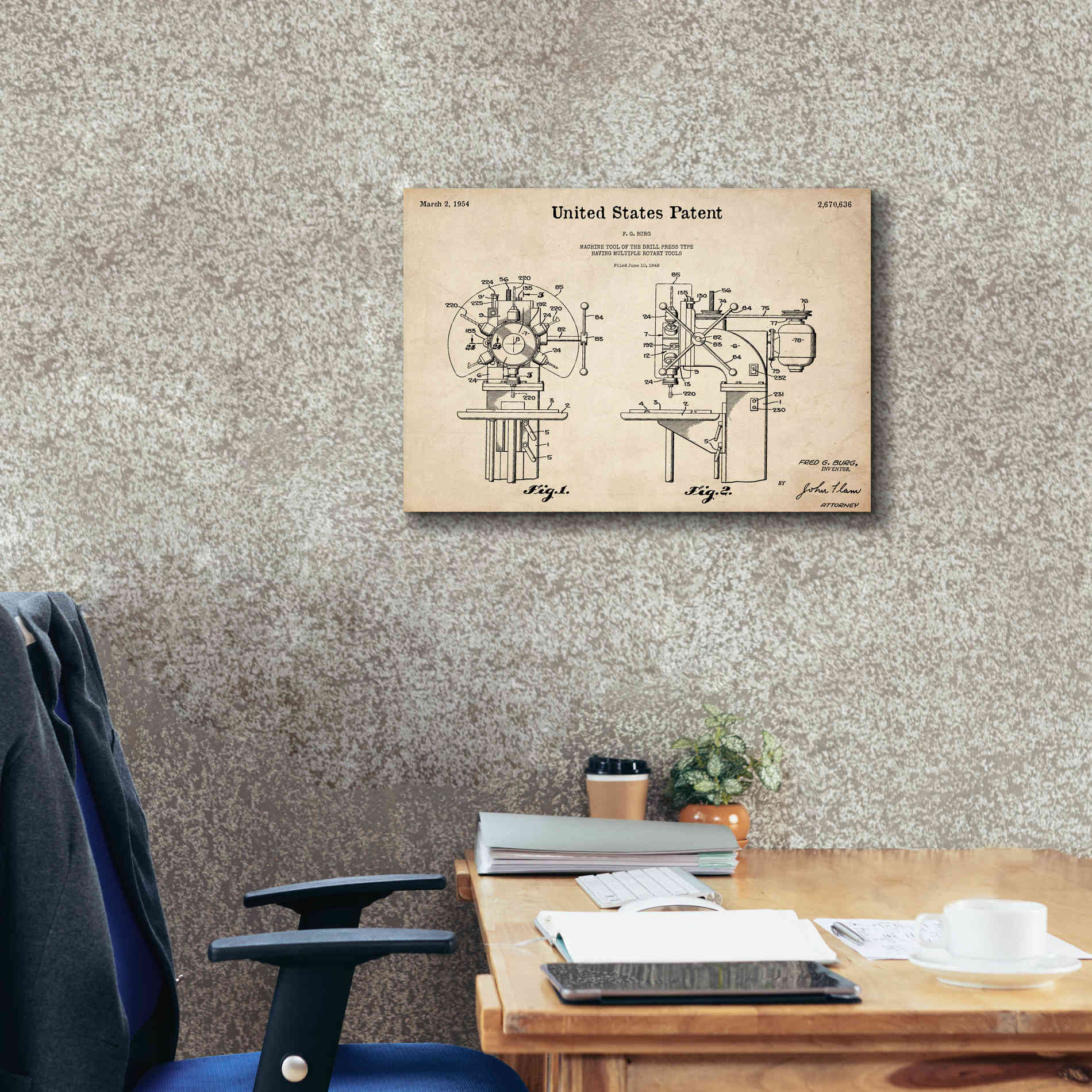 'Drill Press Blueprint Patent Parchment,' Canvas Wall Art,26 x 18