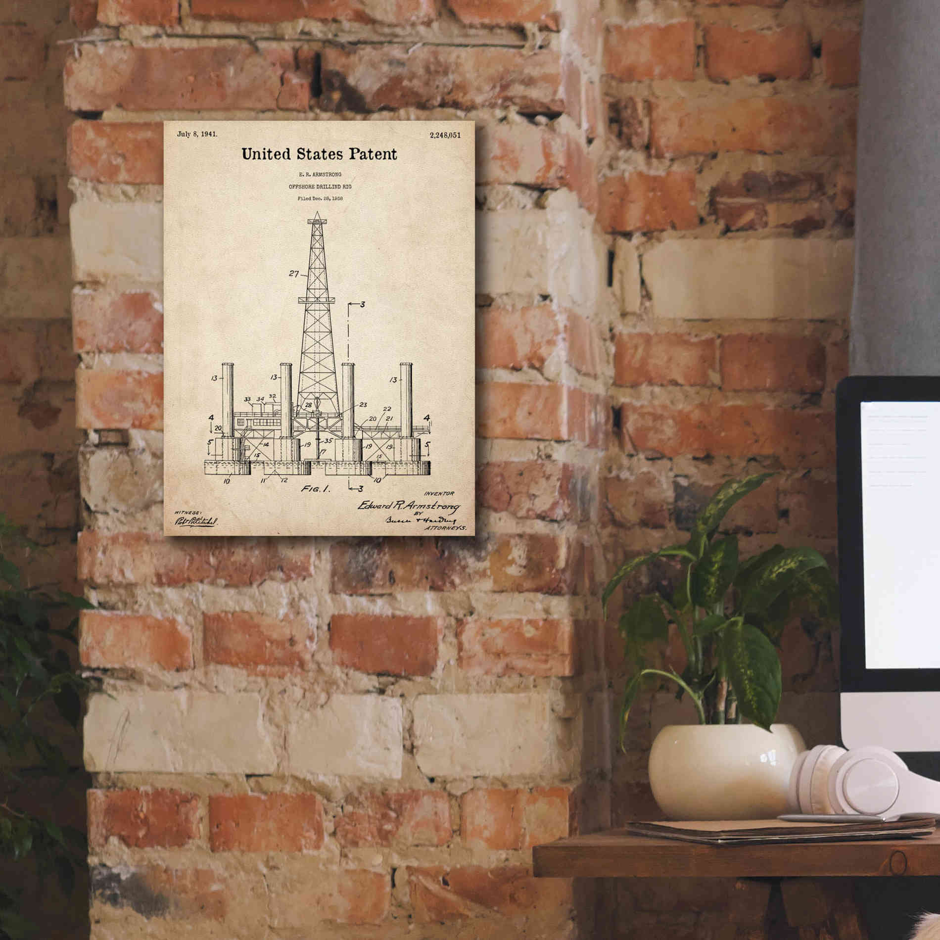 'Drilling Rig Blueprint Patent Parchment,' Canvas Wall Art,12 x 16