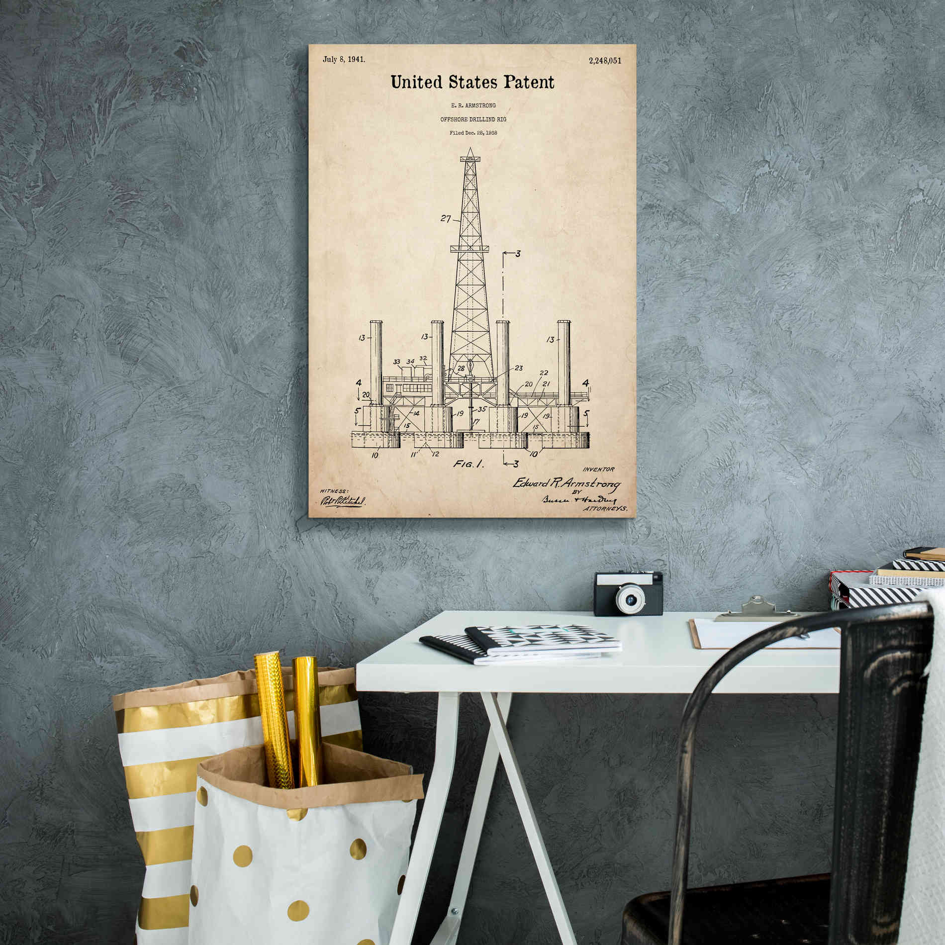 'Drilling Rig Blueprint Patent Parchment,' Canvas Wall Art,18 x 26
