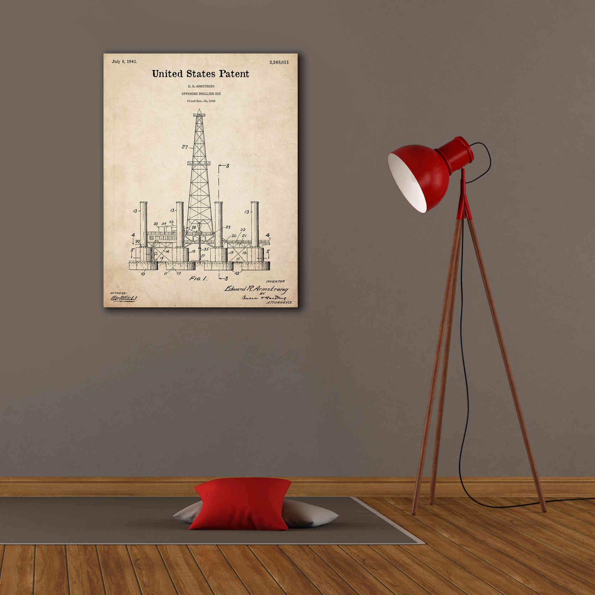 'Drilling Rig Blueprint Patent Parchment,' Canvas Wall Art,26 x 34