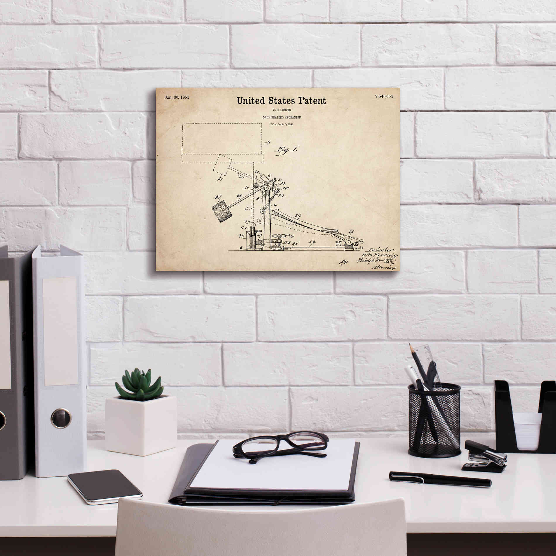 'Drum Beating Mechanism Blueprint Patent Parchment,' Canvas Wall Art,16 x 12