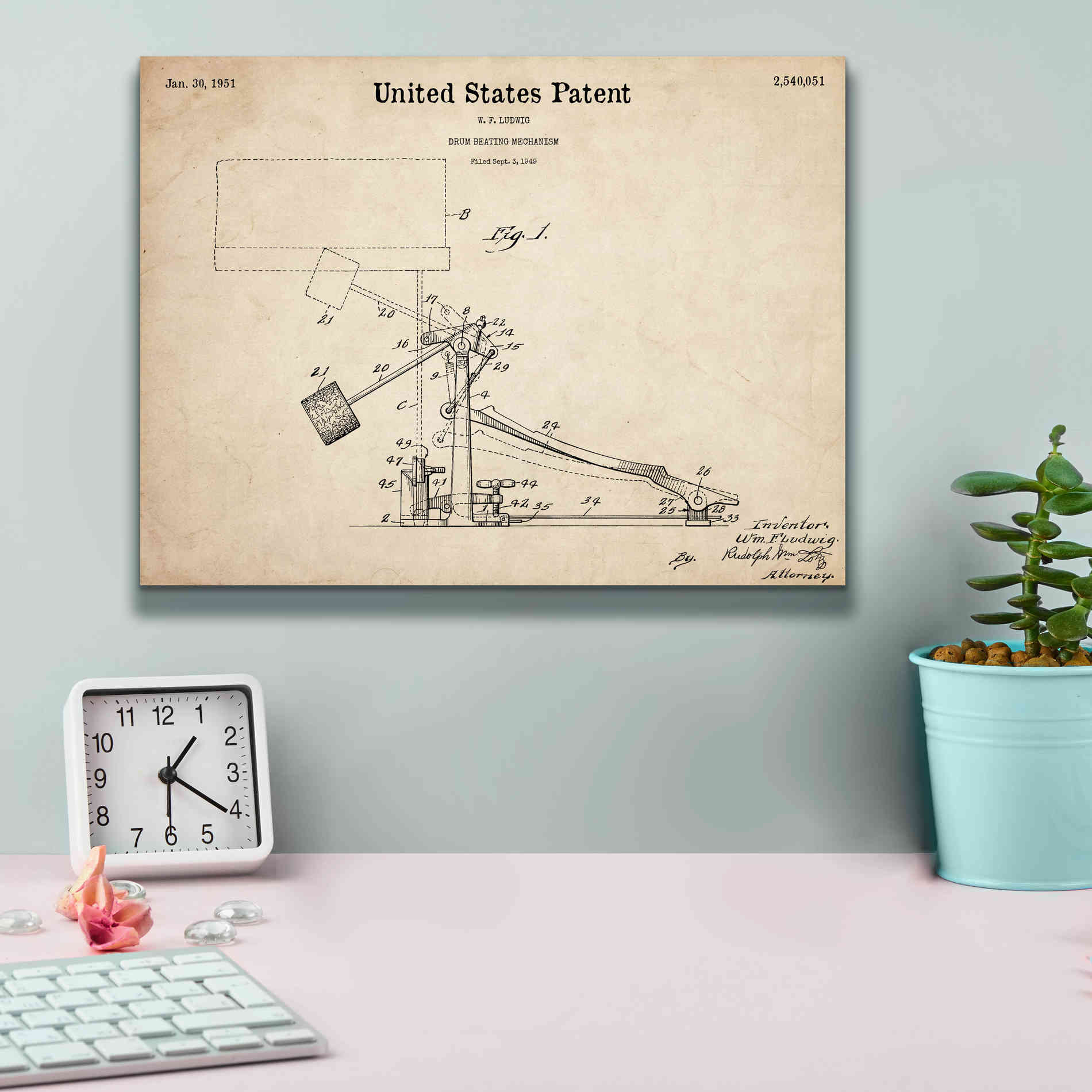 'Drum Beating Mechanism Blueprint Patent Parchment,' Canvas Wall Art,16 x 12