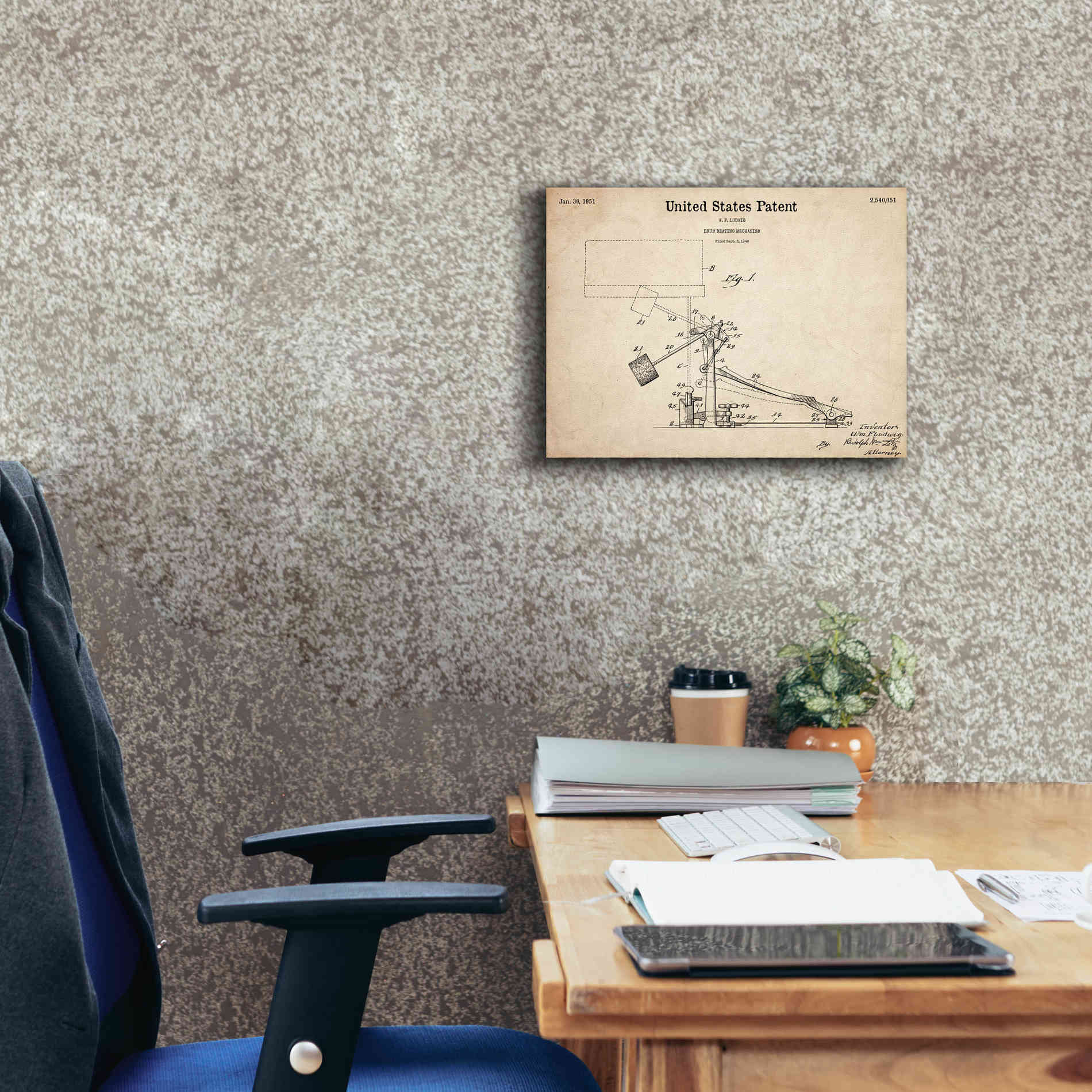 'Drum Beating Mechanism Blueprint Patent Parchment,' Canvas Wall Art,16 x 12