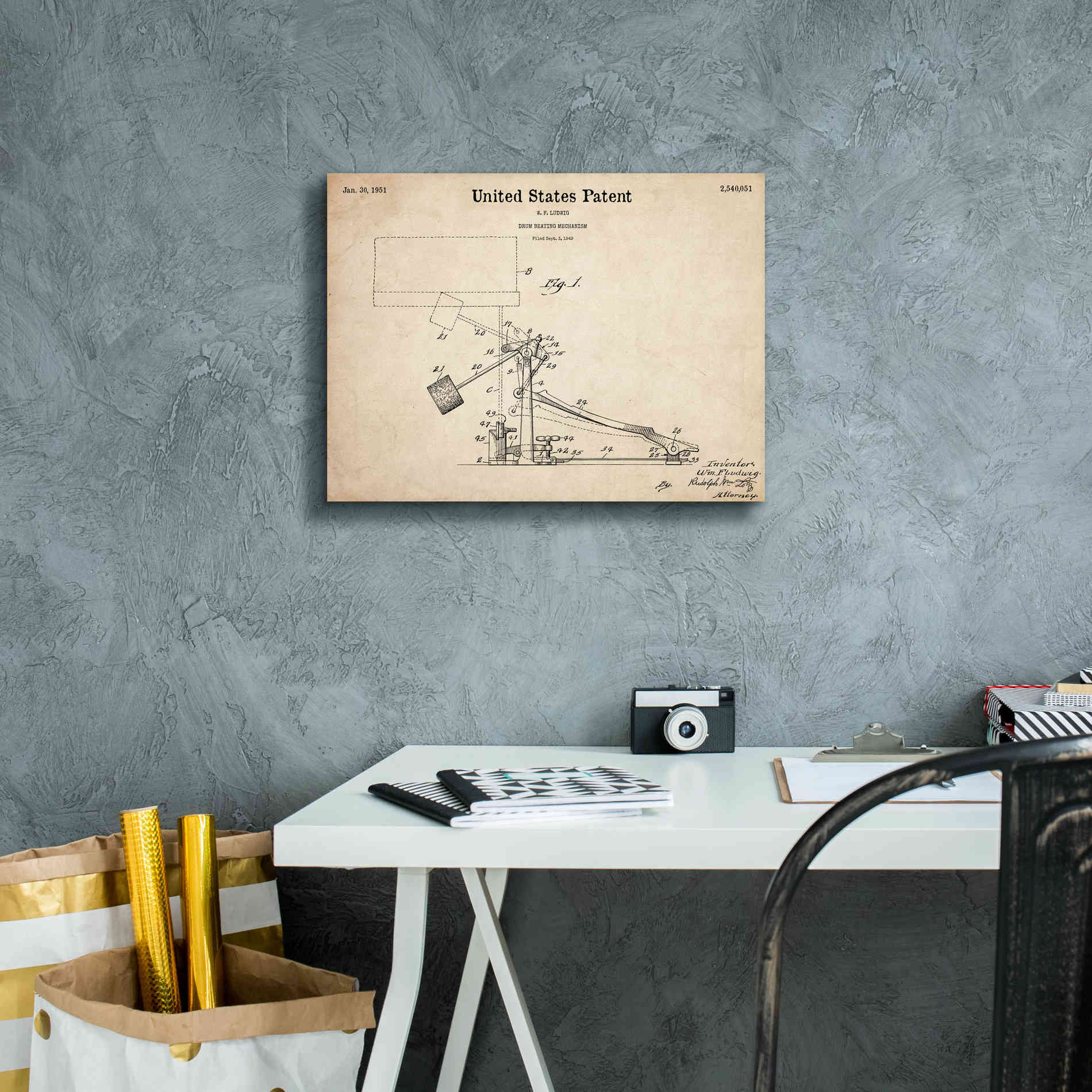 'Drum Beating Mechanism Blueprint Patent Parchment,' Canvas Wall Art,16 x 12