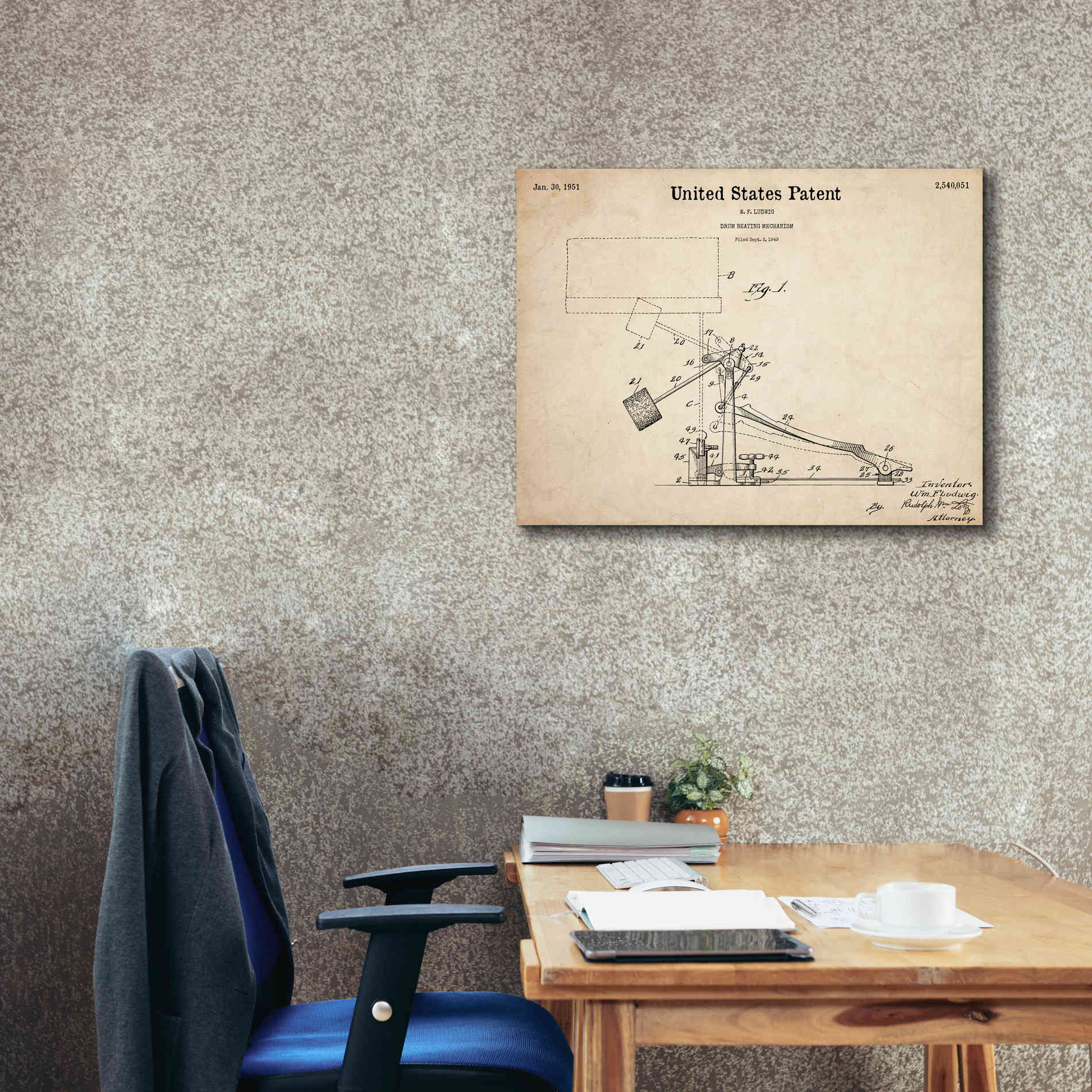'Drum Beating Mechanism Blueprint Patent Parchment,' Canvas Wall Art,34 x 26