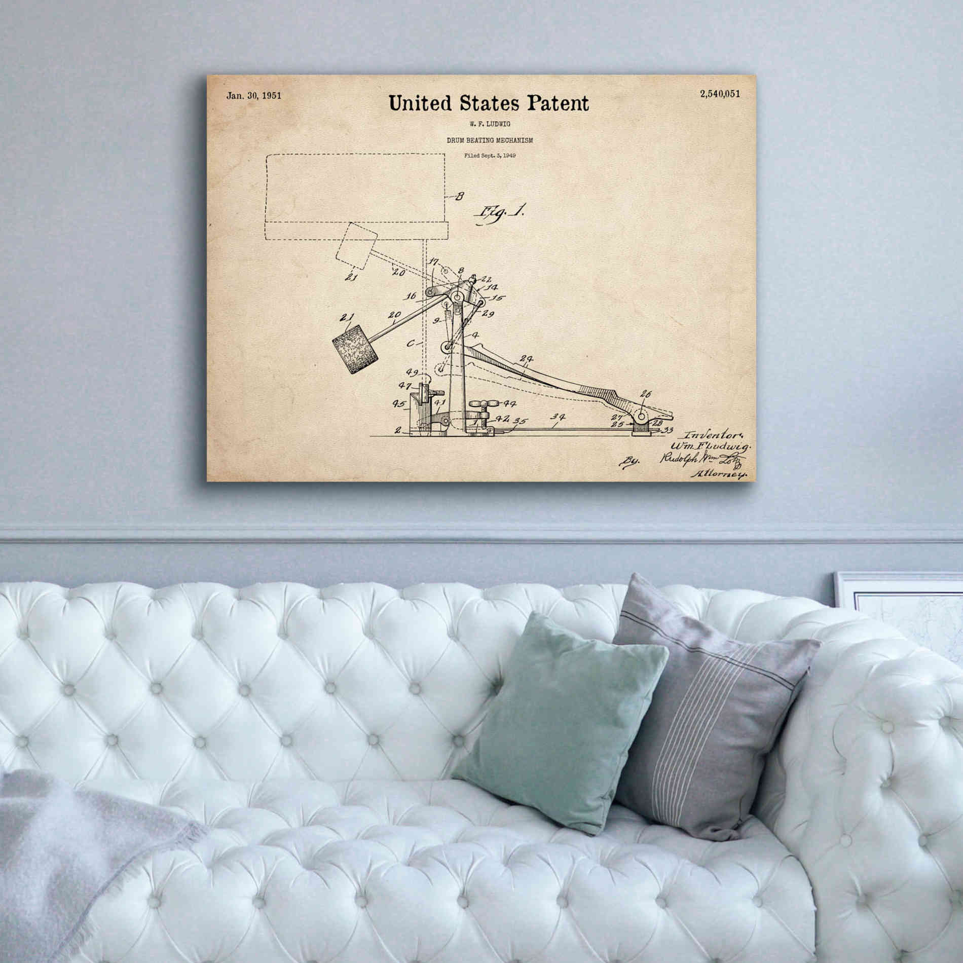'Drum Beating Mechanism Blueprint Patent Parchment,' Canvas Wall Art,54 x 40