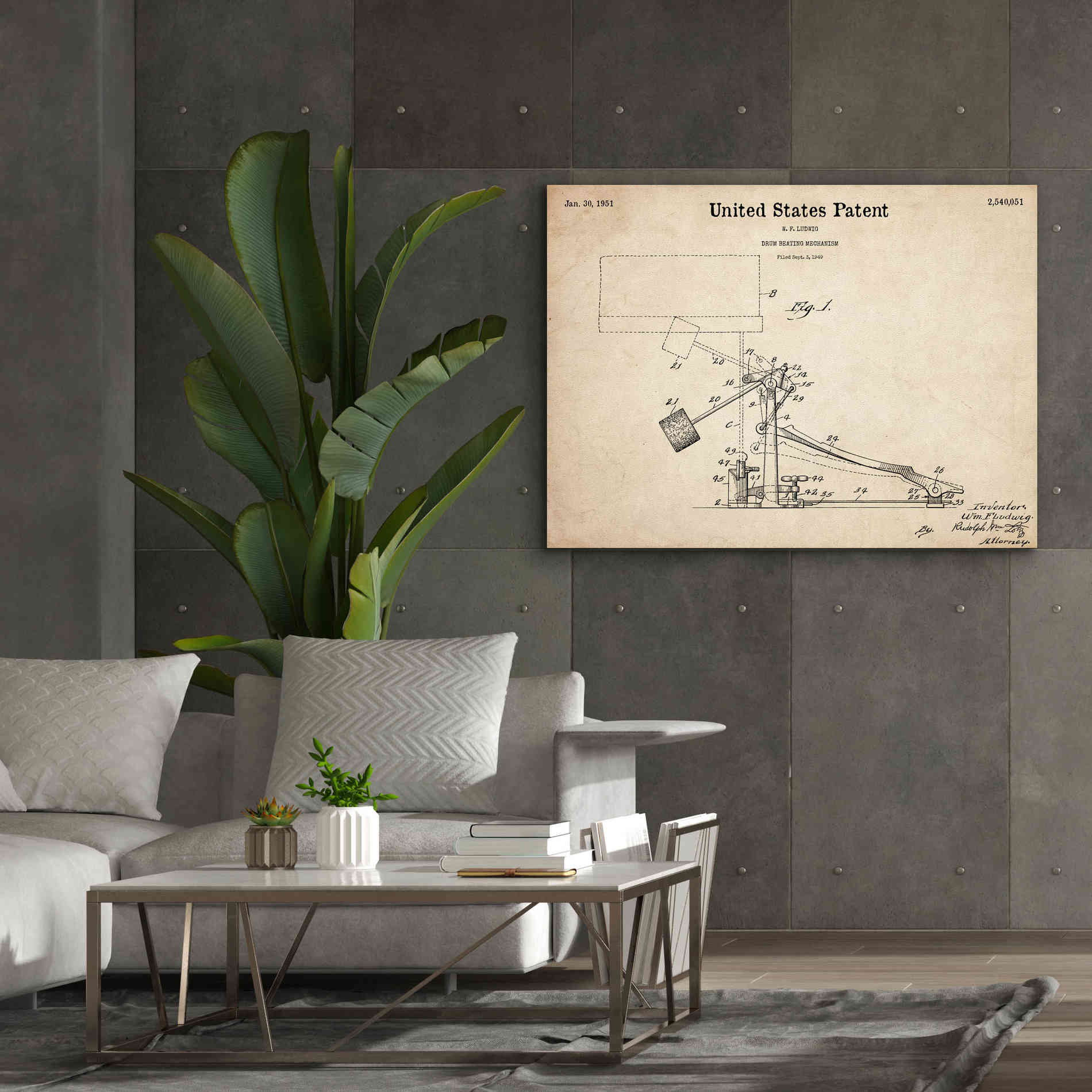 'Drum Beating Mechanism Blueprint Patent Parchment,' Canvas Wall Art,54 x 40