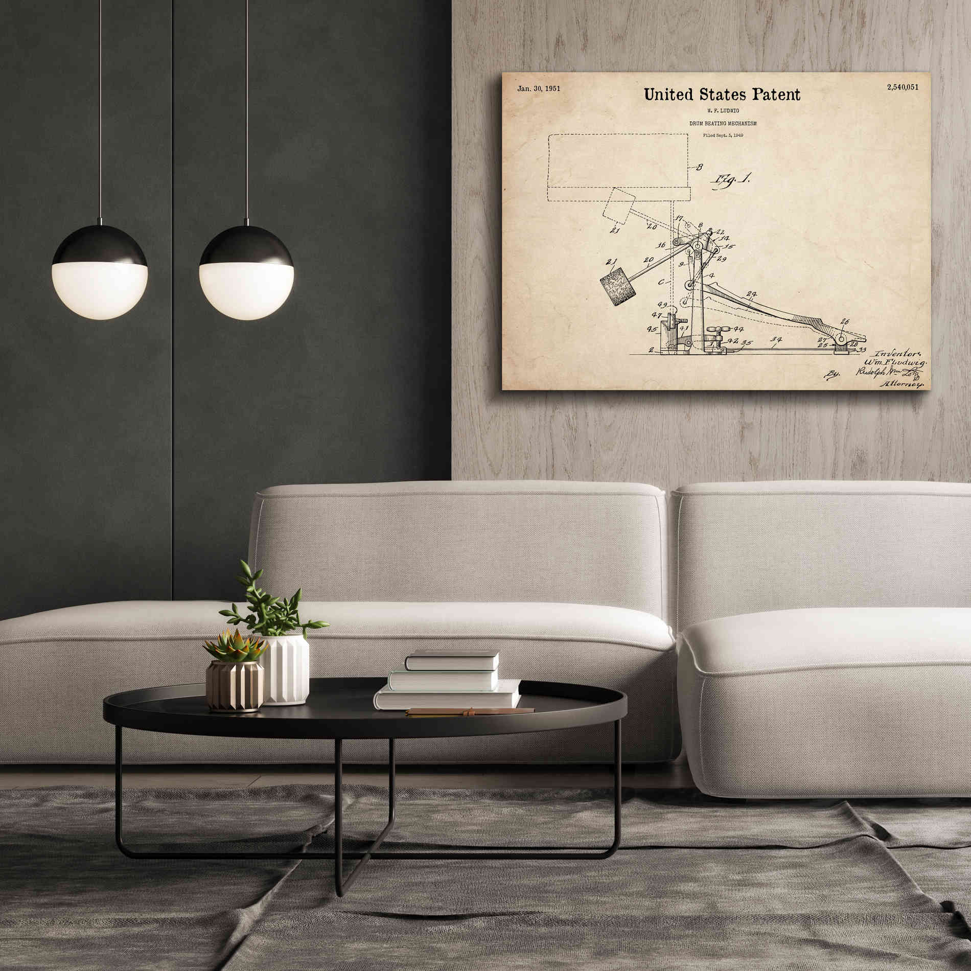 'Drum Beating Mechanism Blueprint Patent Parchment,' Canvas Wall Art,54 x 40