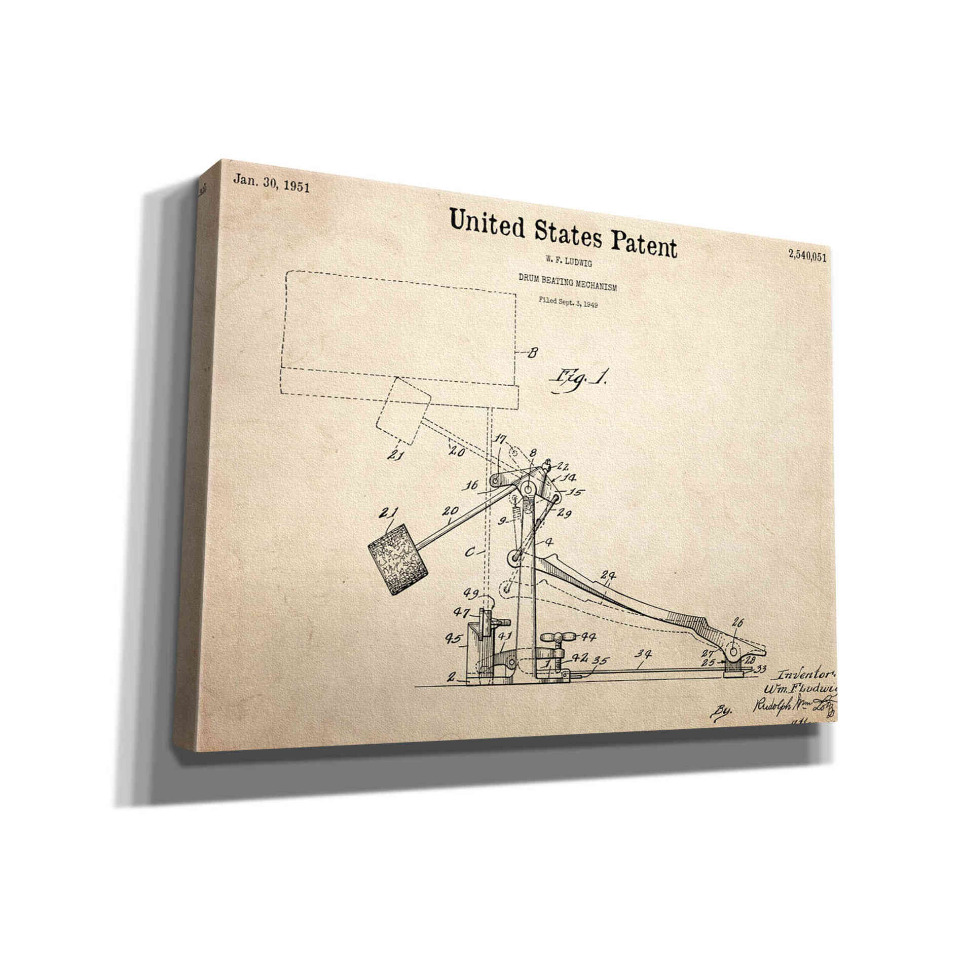 'Drum Beating Mechanism Blueprint Patent Parchment,' Canvas Wall Art,16x12x1.1x0,26x18x1.1x0,34x26x1.74x0,54x40x1.74x0