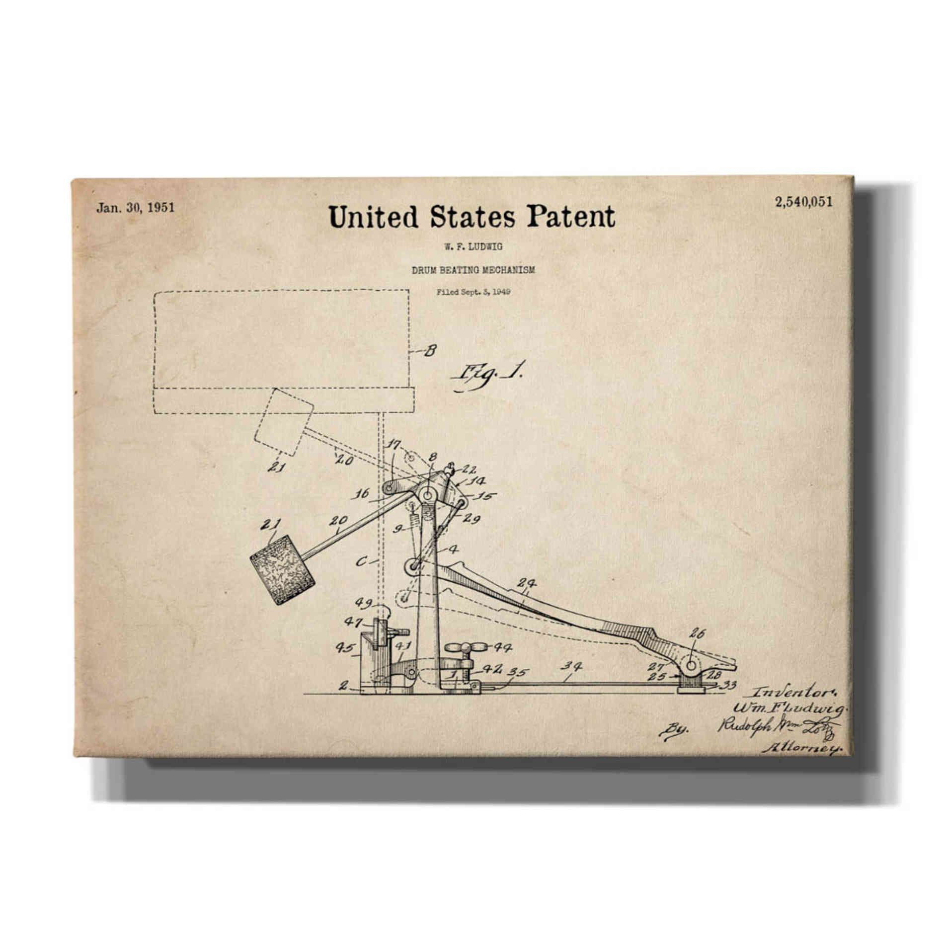 'Drum Beating Mechanism Blueprint Patent Parchment,' Canvas Wall Art,16x12x1.1x0,26x18x1.1x0,34x26x1.74x0,54x40x1.74x0