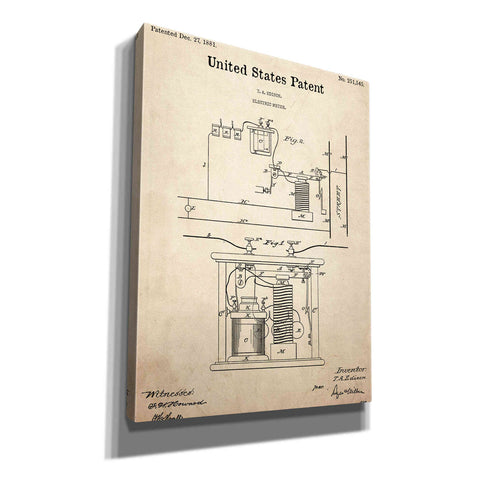 Image of 'Edison Electric Meter Blueprint Patent Parchment,' Canvas Wall Art,12x16x1.1x0,18x26x1.1x0,26x34x1.74x0,40x54x1.74x0