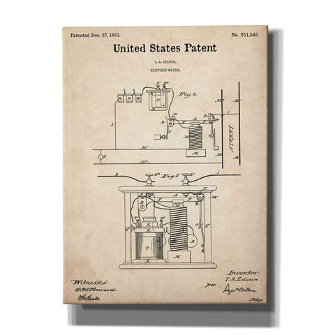 Image of 'Edison Electric Meter Blueprint Patent Parchment,' Canvas Wall Art,12x16x1.1x0,18x26x1.1x0,26x34x1.74x0,40x54x1.74x0